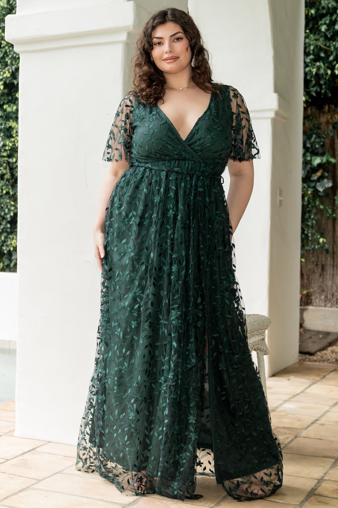 Dark Green Embossed Maxi Dress with Slit & Waist Tie | Baltic Born
