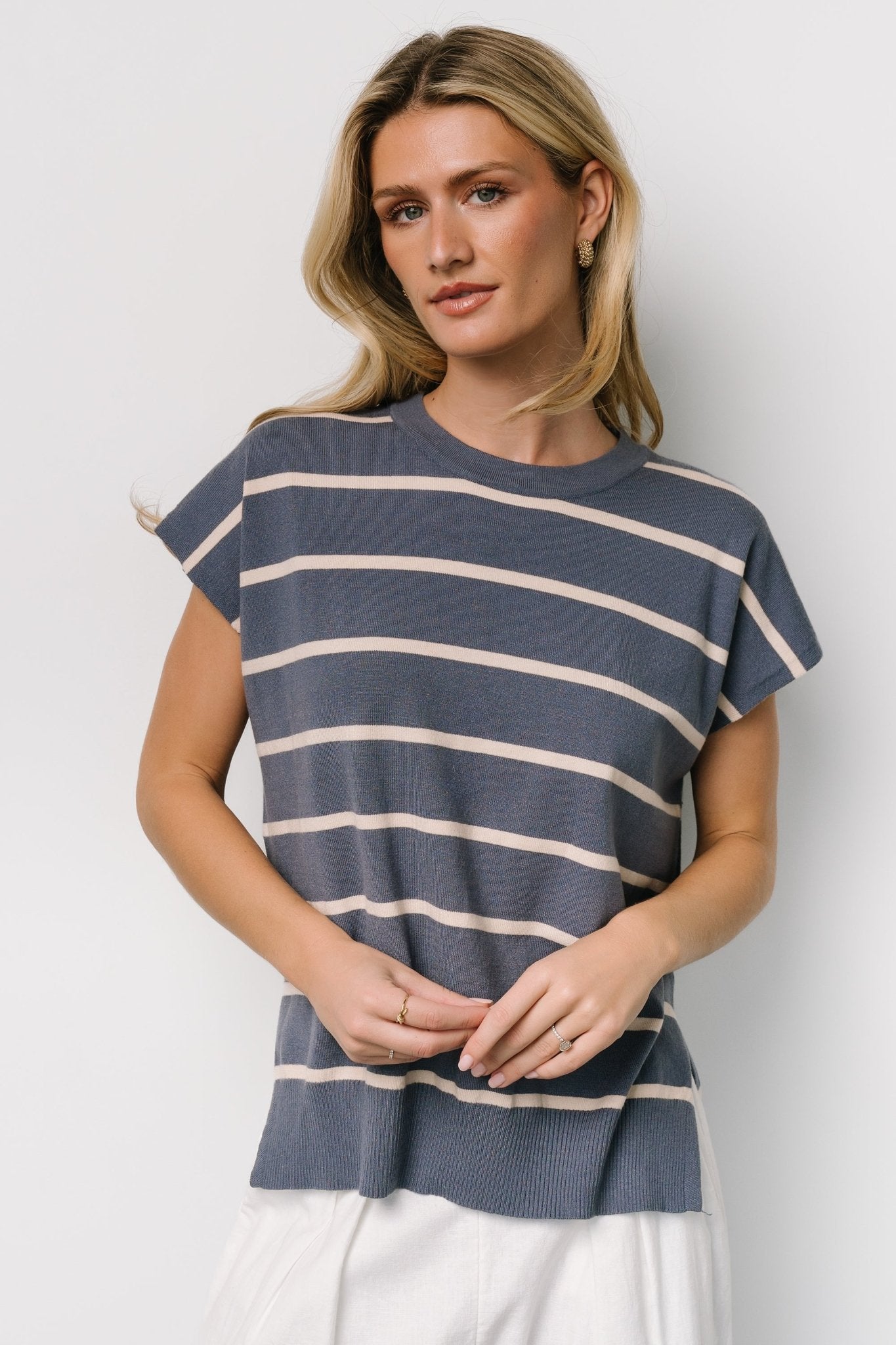 Slate Blue Dolman Top with Natural Stripes | Baltic Born