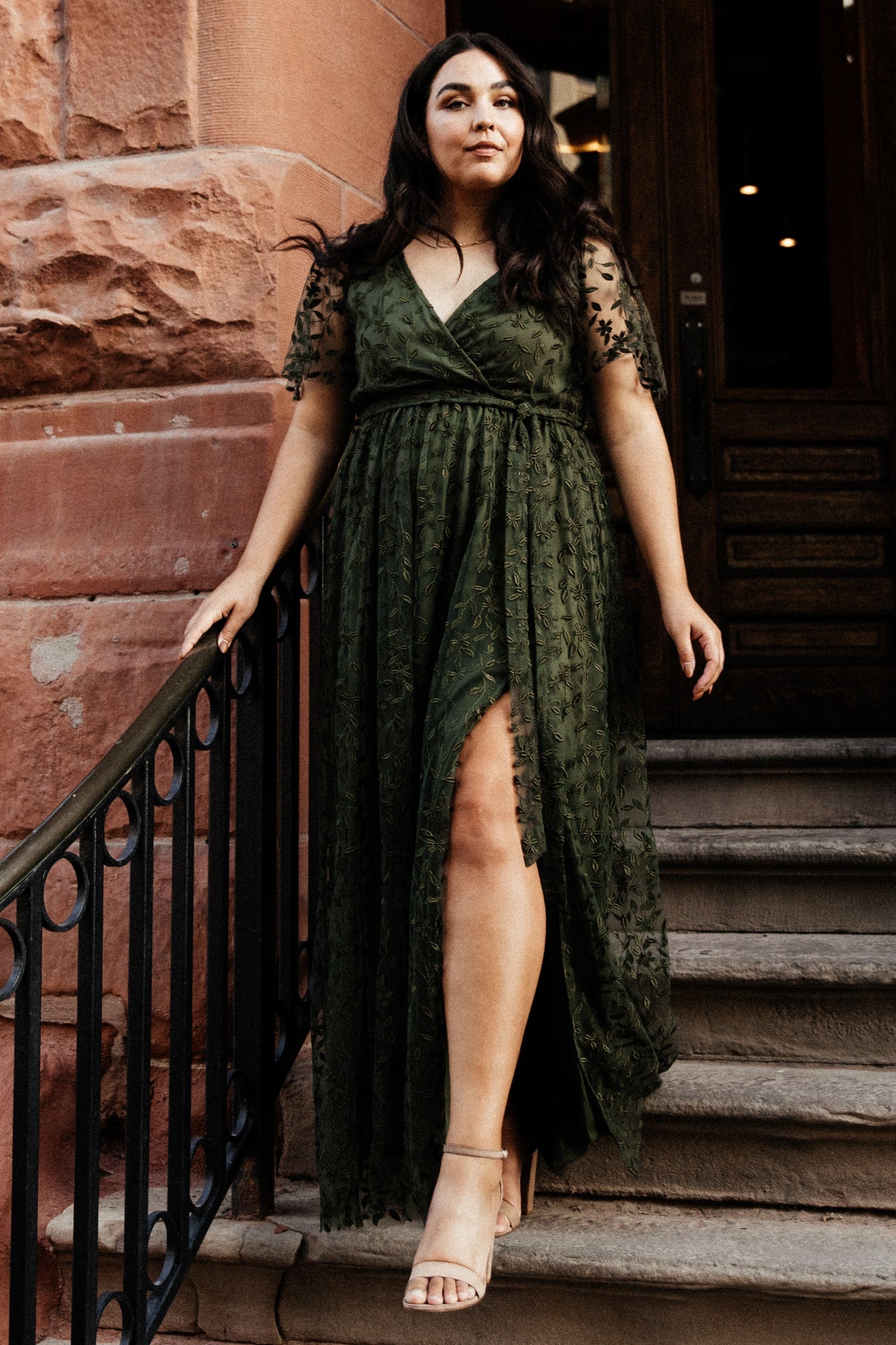 Olive Green Embossed Maxi Dress with Slit & Waist Tie | Baltic Born