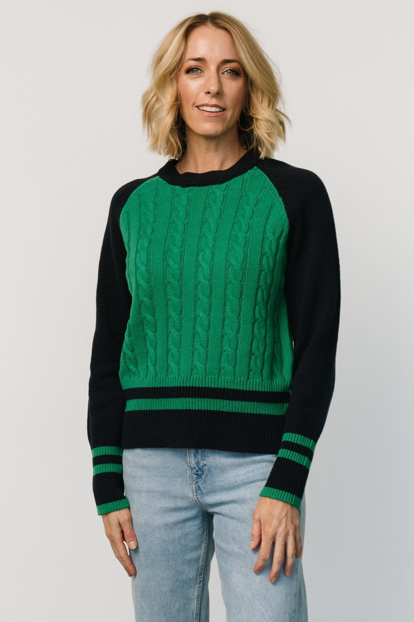 Green & Navy Cable Knit Sweater for Fall | Marsha