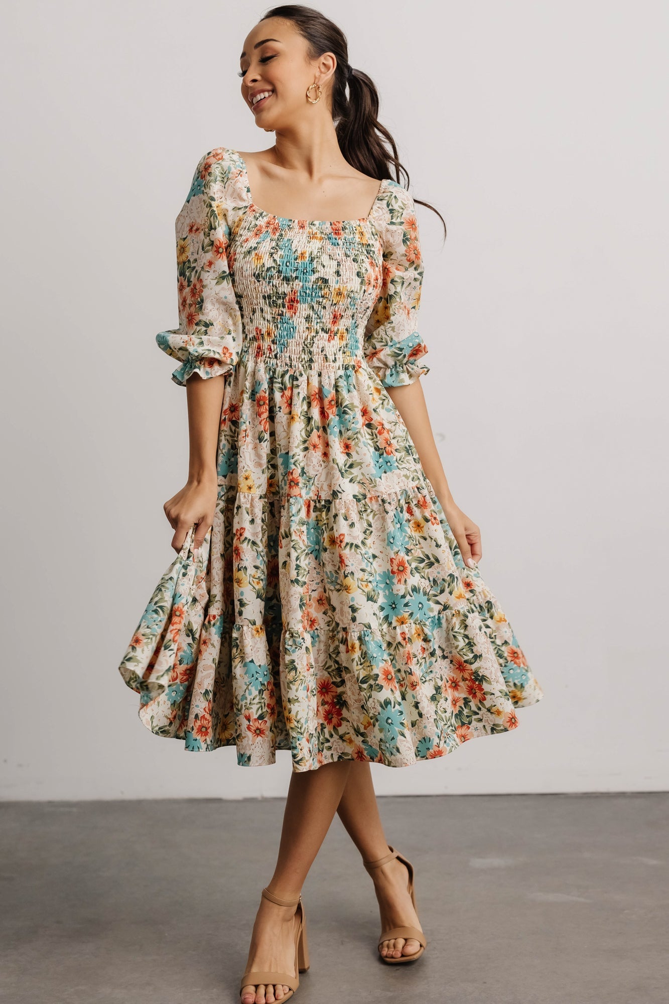 Floral Smocked Midi Dress with Tiered Skirt | Marta Summer Dress