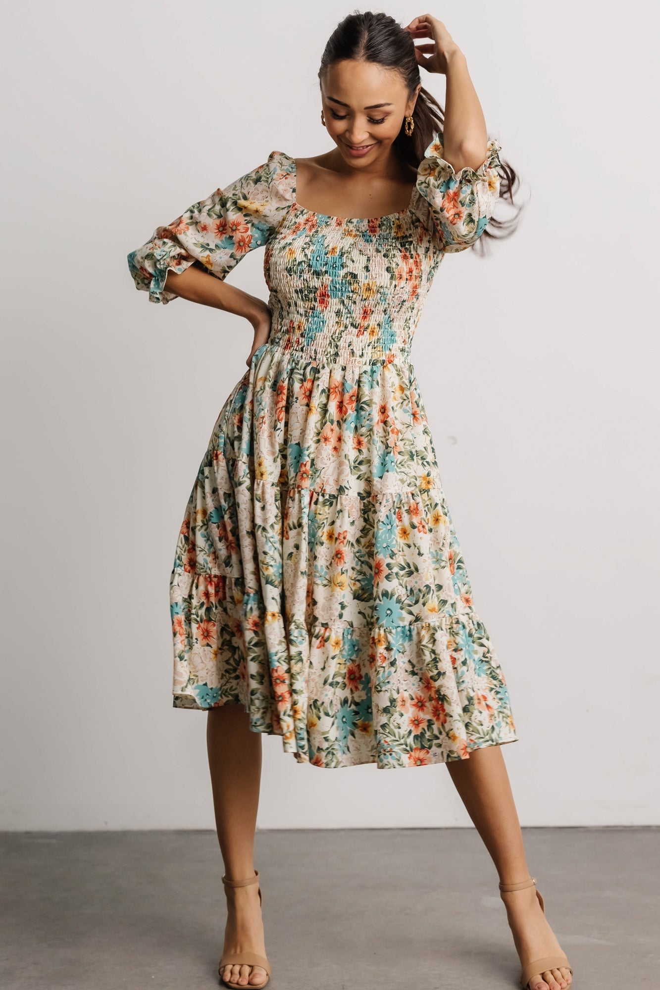 Floral Smocked Midi Dress with Tiered Skirt | Marta Summer Dress