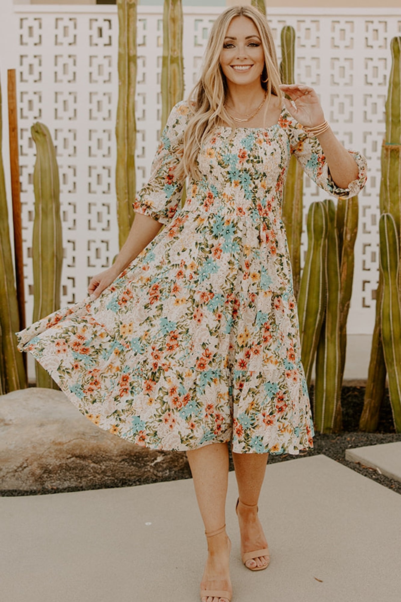 Floral Smocked Midi Dress with Tiered Skirt | Marta Summer Dress