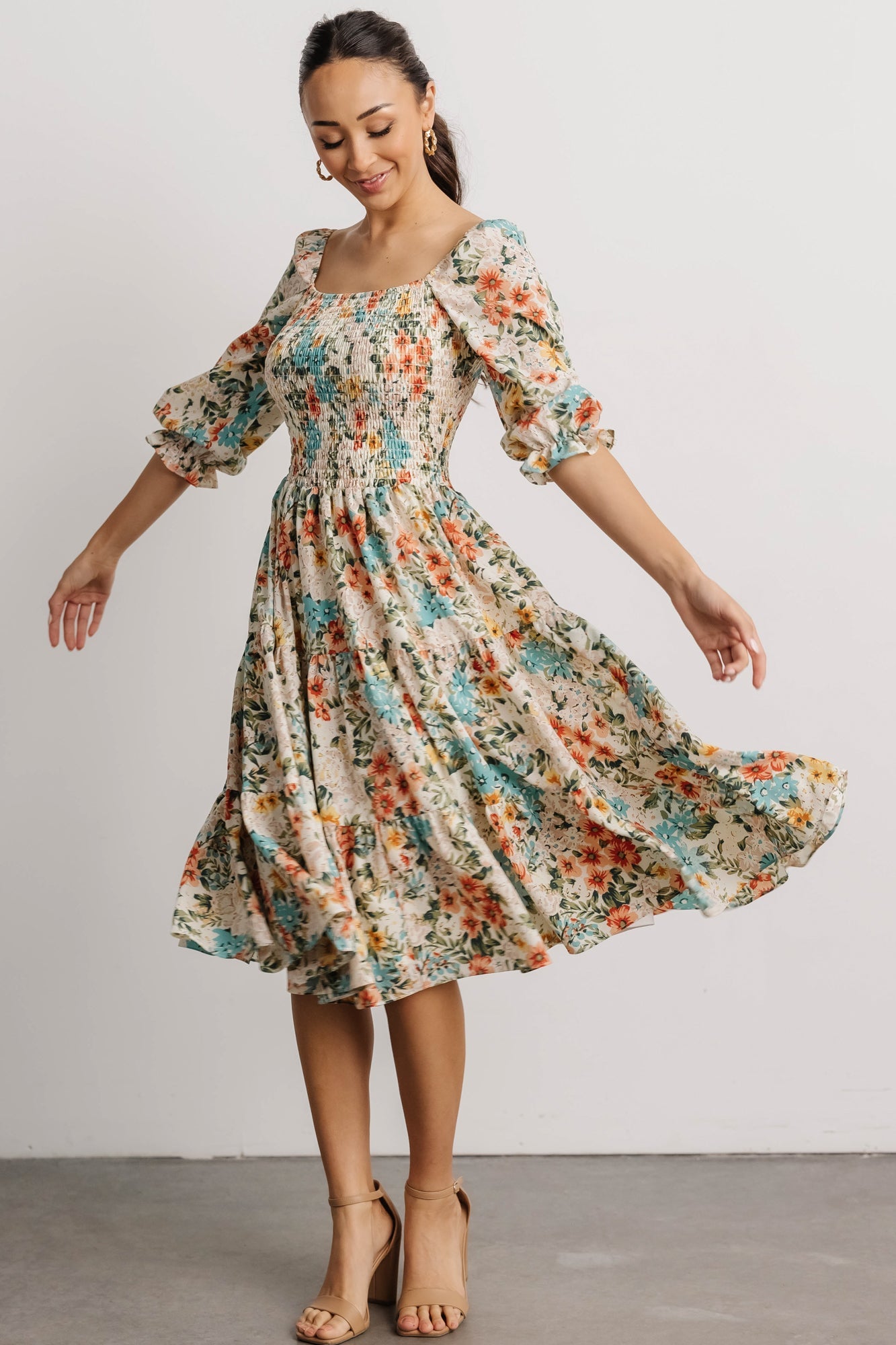 Floral Smocked Midi Dress with Tiered Skirt | Marta Summer Dress
