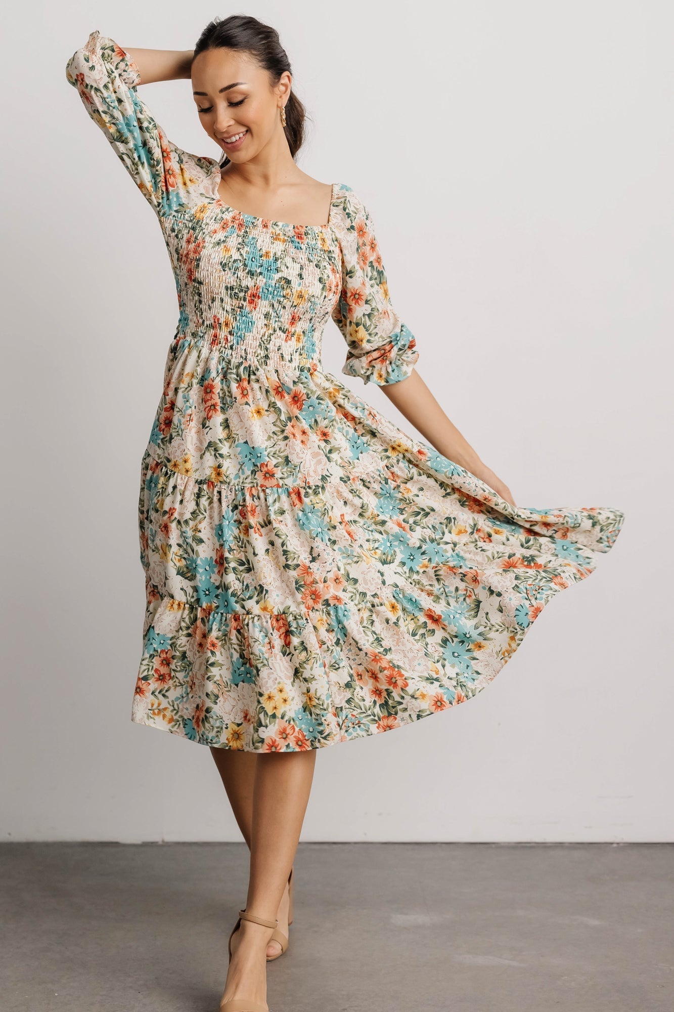 Floral Smocked Midi Dress with Tiered Skirt | Marta Summer Dress