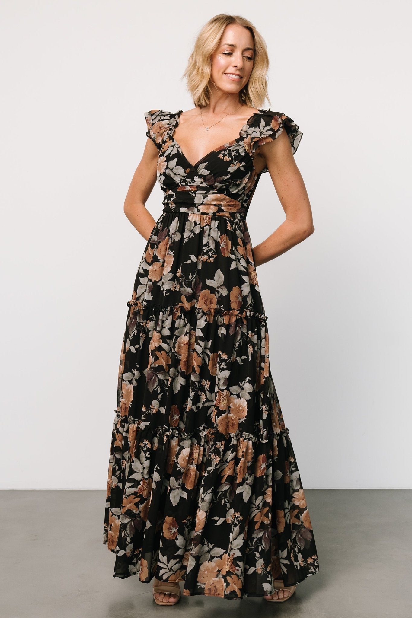 Black & Copper Floral Maxi Dress with Flutter Sleeves | Baltic Born