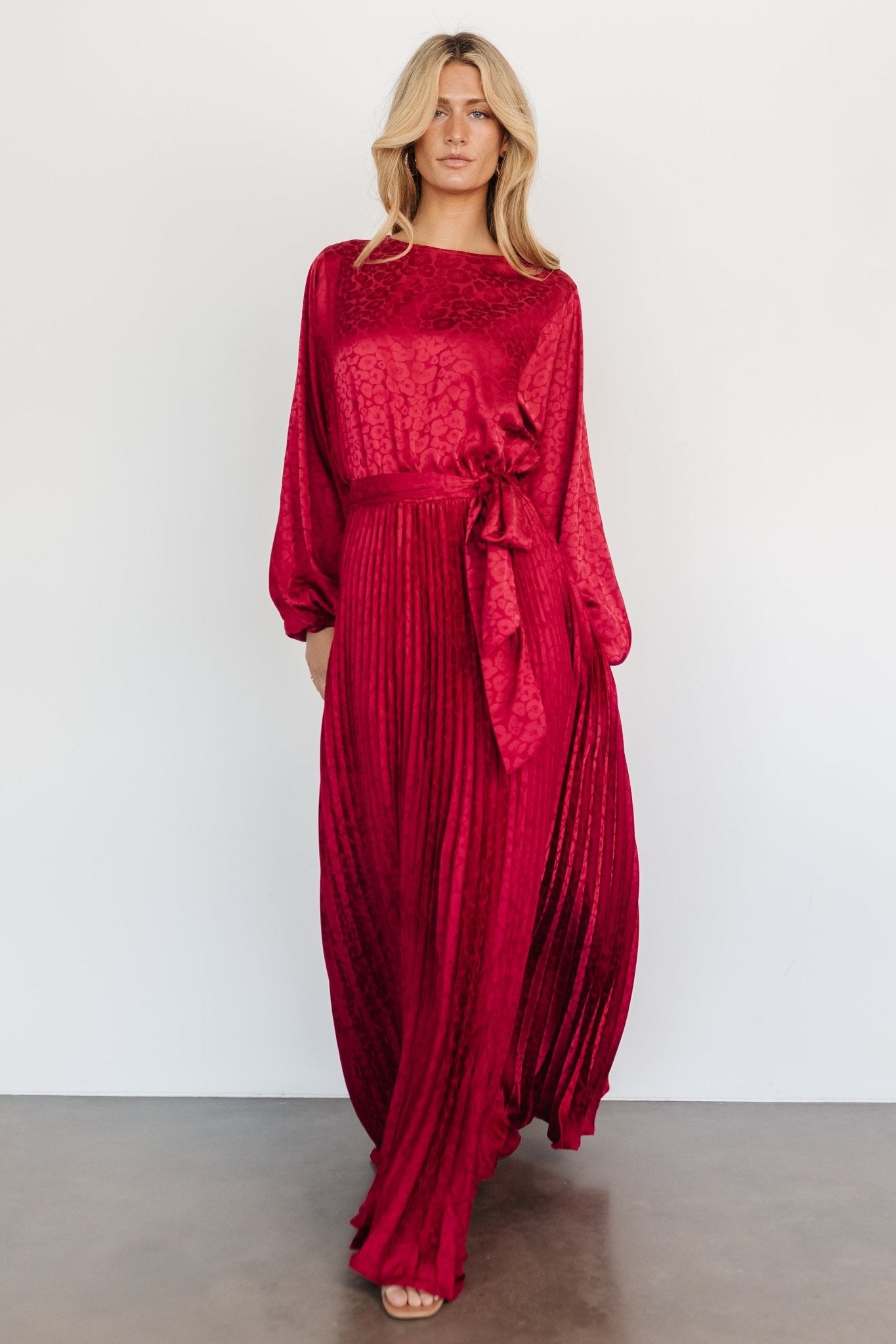 Pleated Maxi Dress with Dolman Sleeves & Waist Belt | Marva Wine