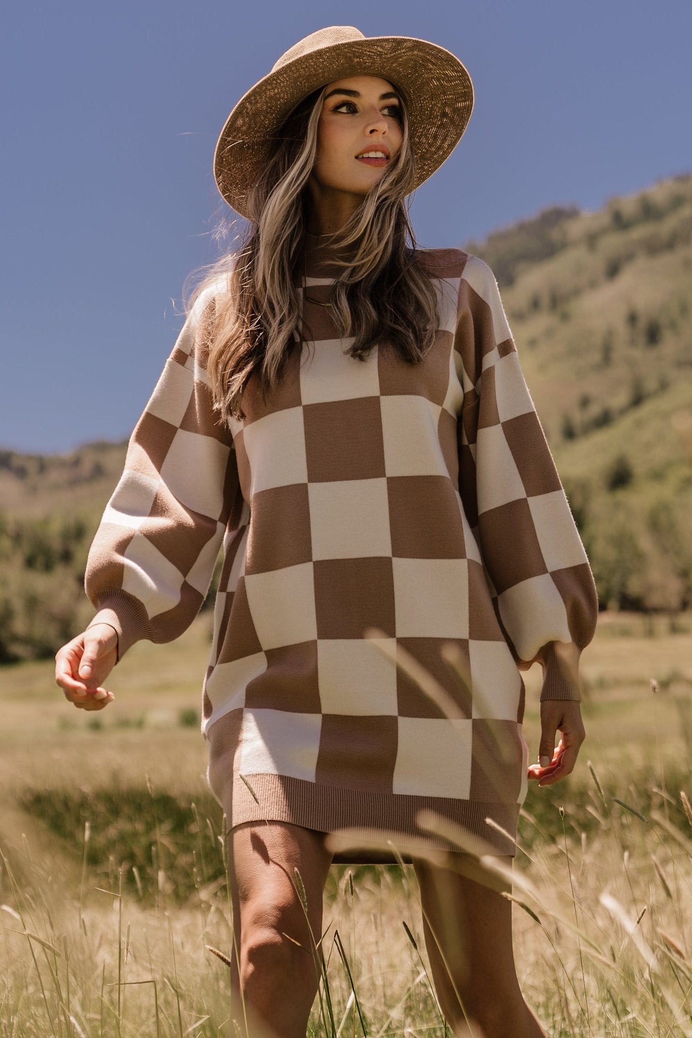 Checkered Sweater Dress in Taupe & Cream | Baltic Born