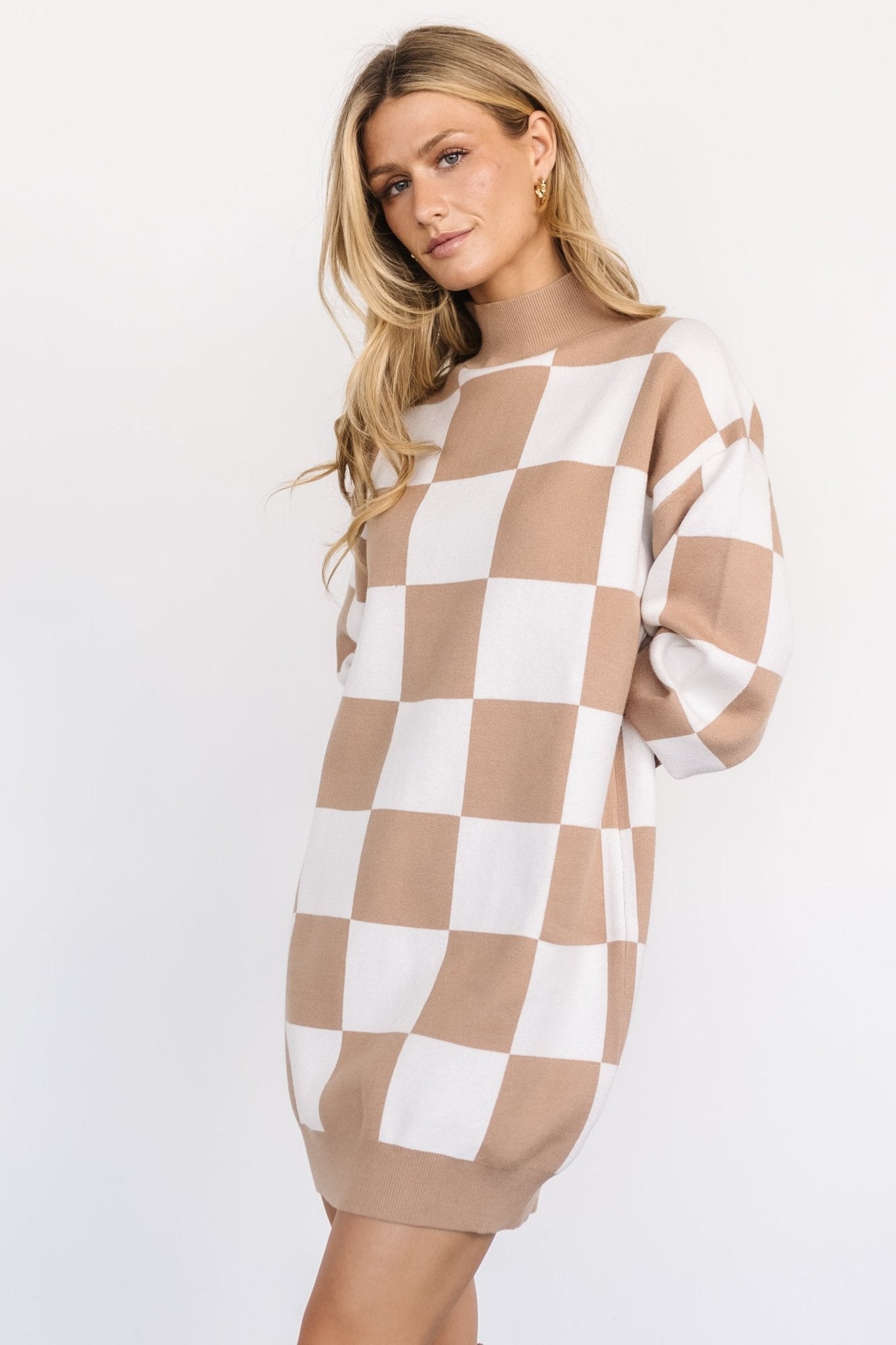 Checkered Sweater Dress in Taupe & Cream | Baltic Born