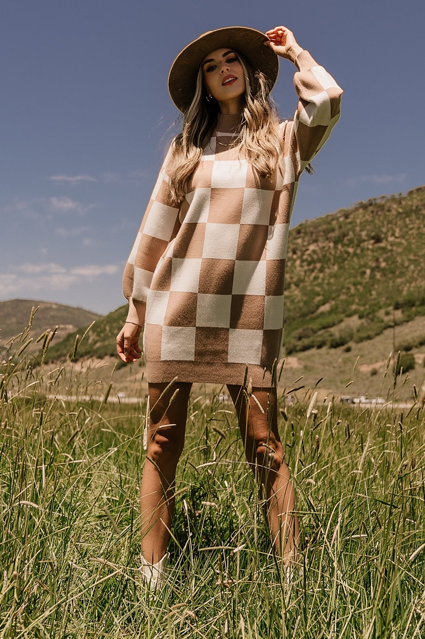 Checkered Sweater Dress in Taupe & Cream | Baltic Born