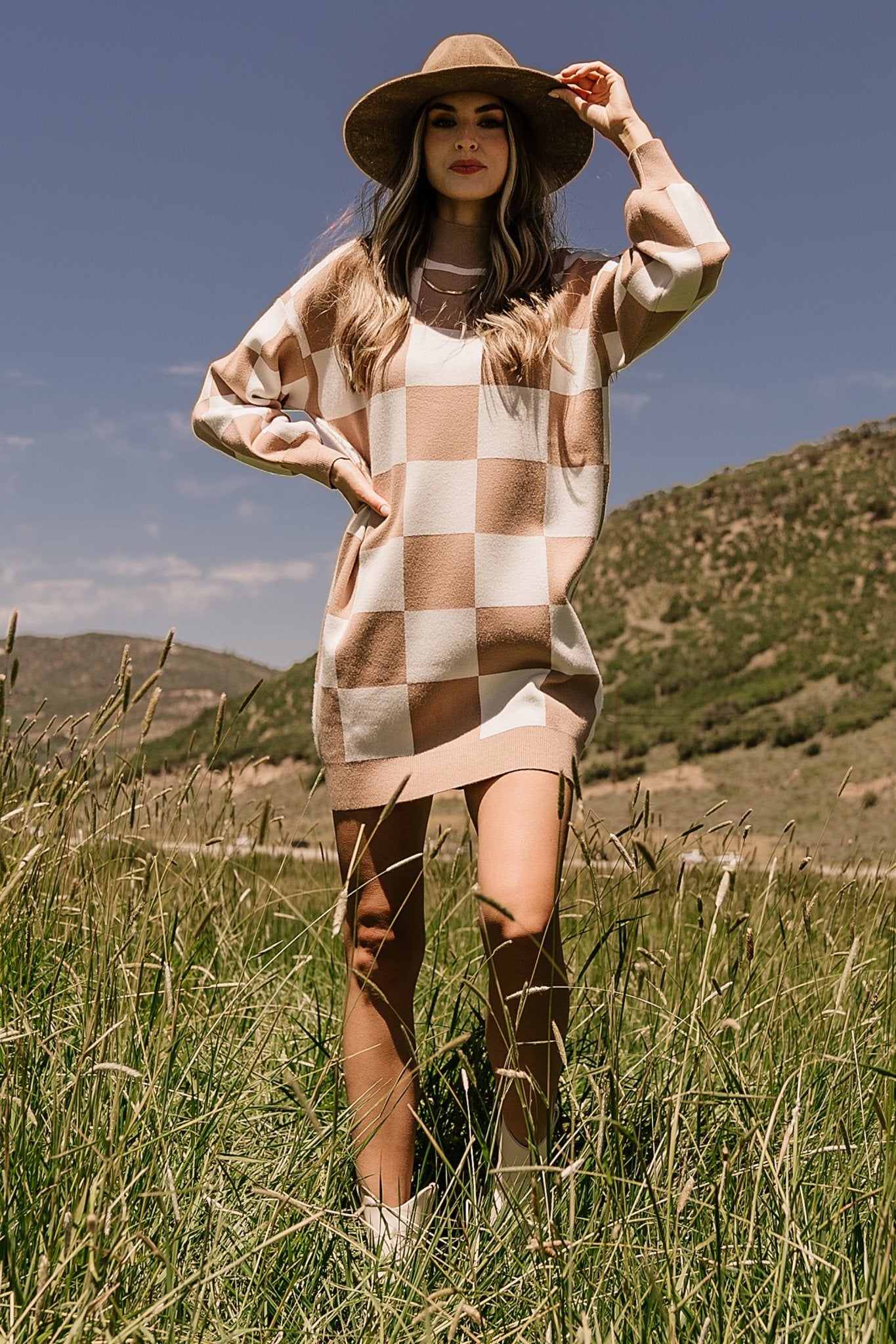 Checkered Sweater Dress in Taupe & Cream | Baltic Born