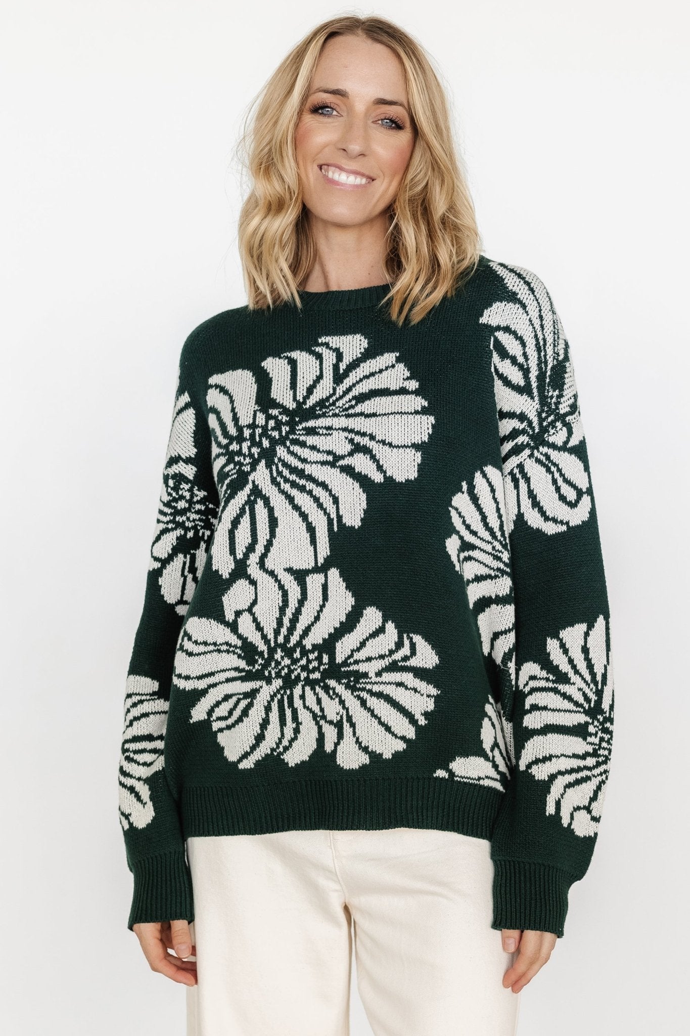 Oversized Floral Sweater in Green & Off White | Maude