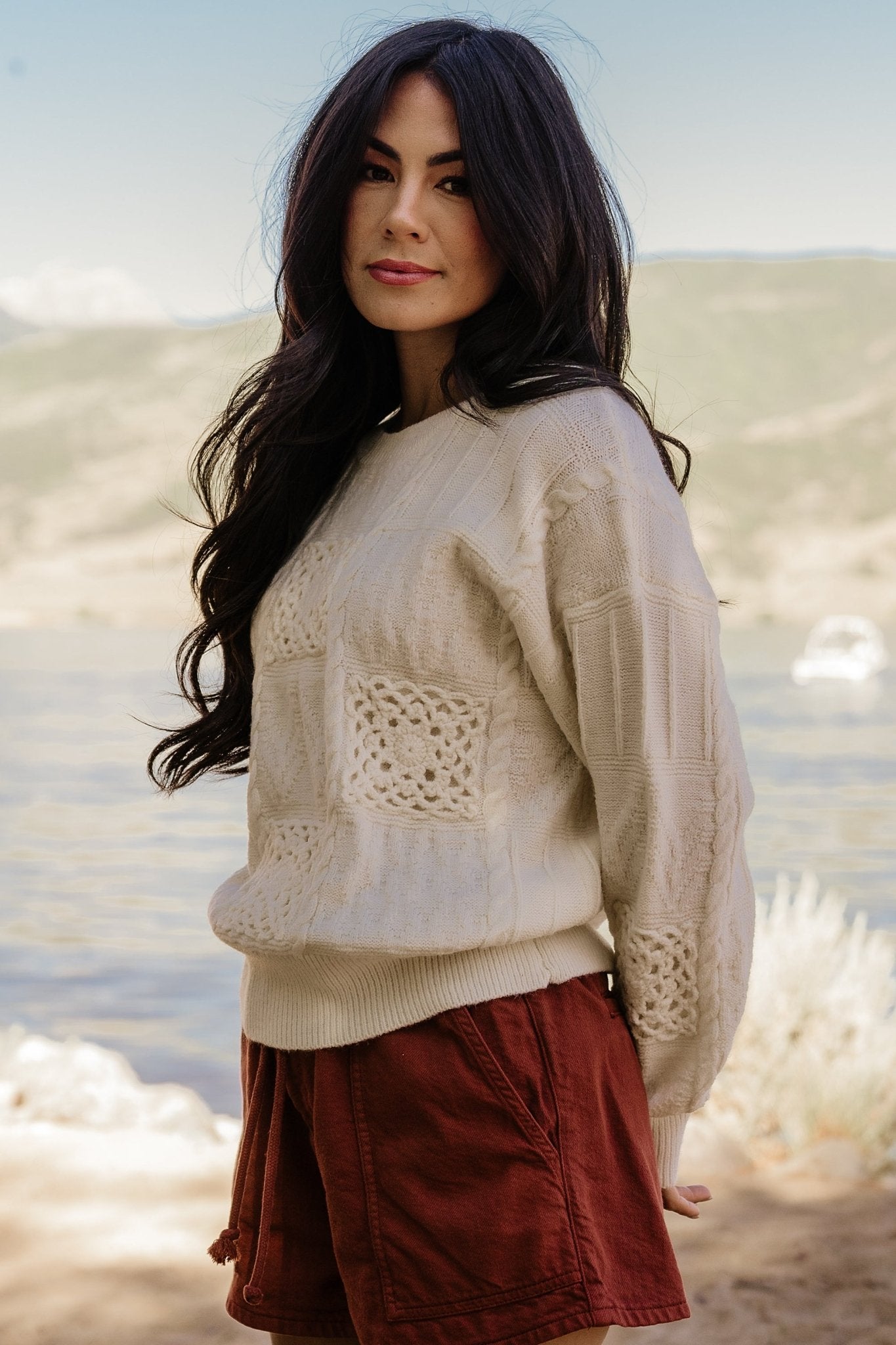 Cream Patchwork Knit Sweater for Women | Loose Fit & Bump Friendly