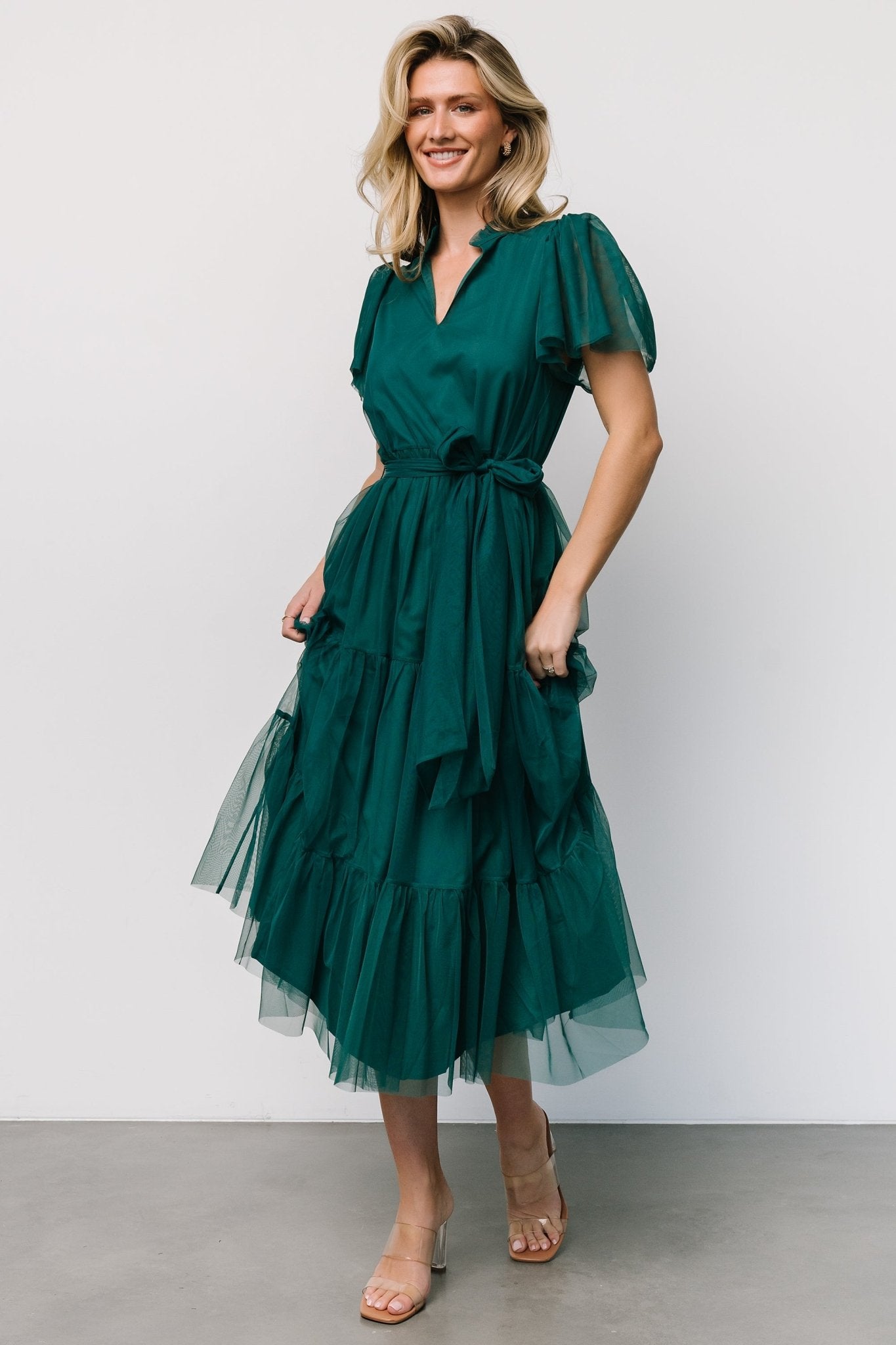 Emerald Green Tulle Midi Dress for Weddings & Special Occasions | Medina
