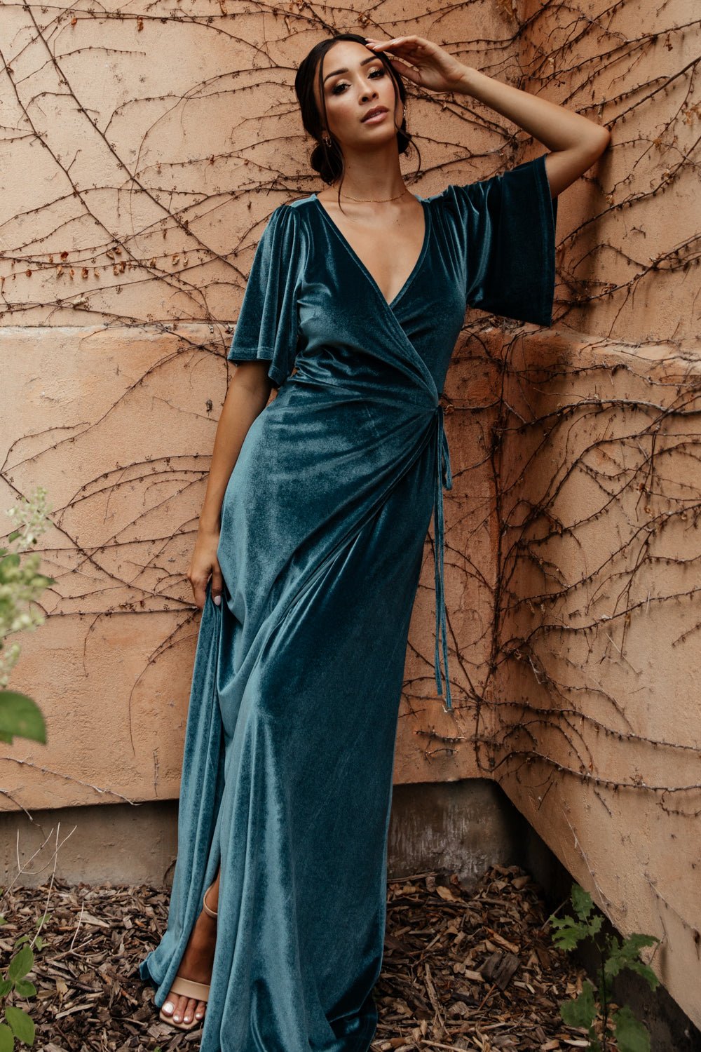 Velvet Wrap Maxi Dress with V-Neck & Waist Tie | Persian Blue