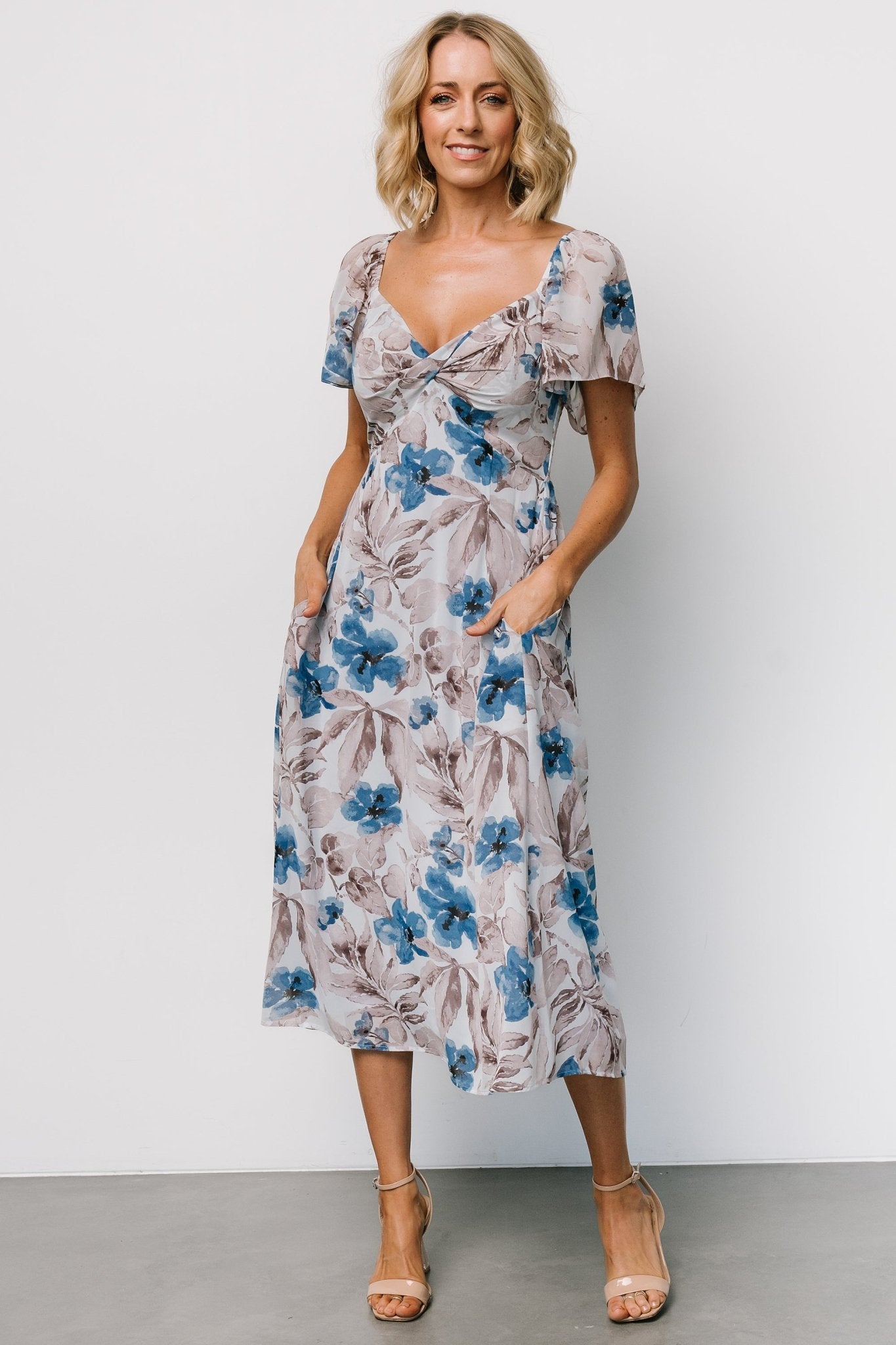 Blue Floral Chiffon Midi Dress with Sweetheart Neckline | Baltic Born