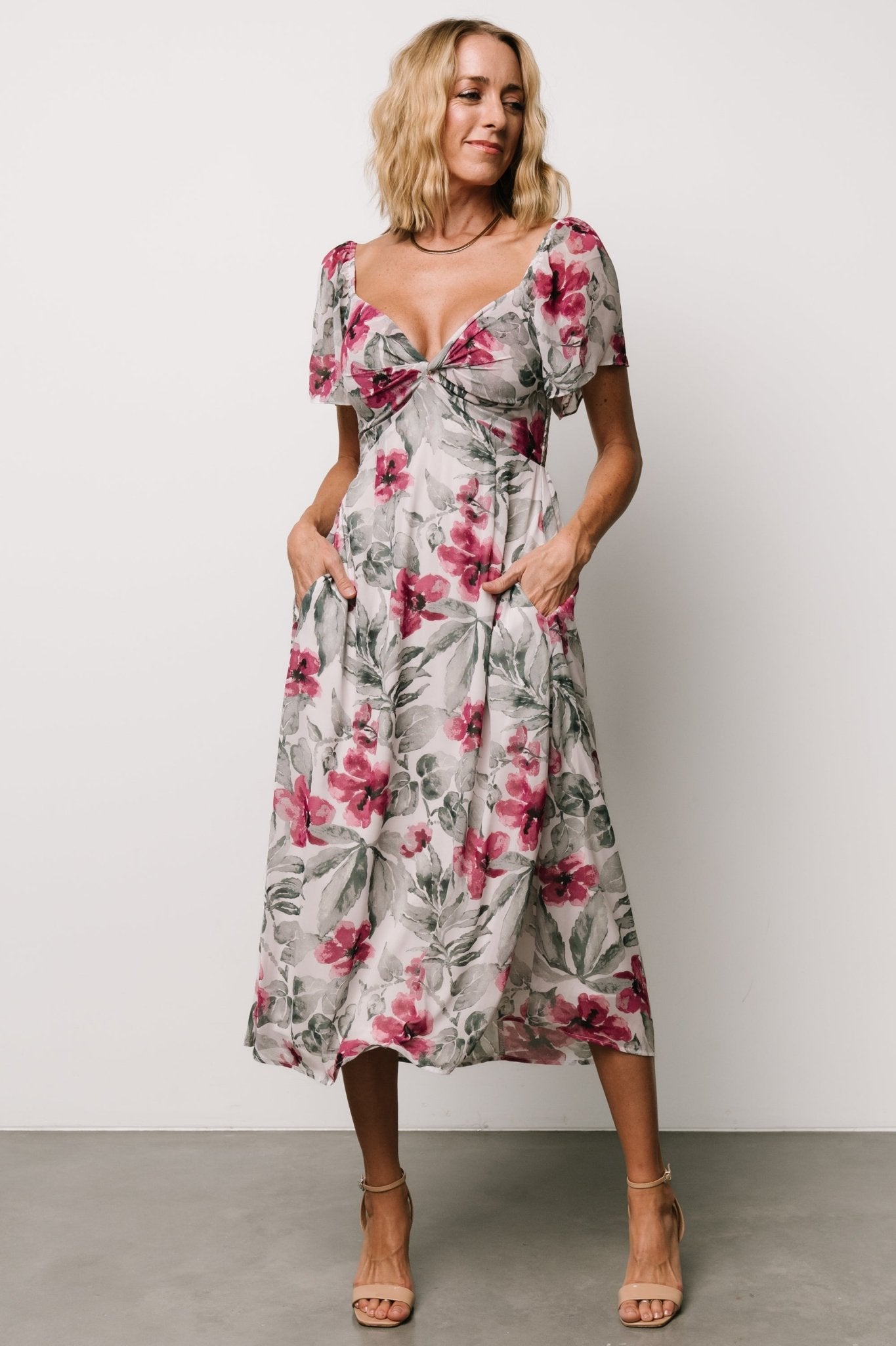 Floral Chiffon Midi Dress with Sweetheart Neckline | Baltic Born