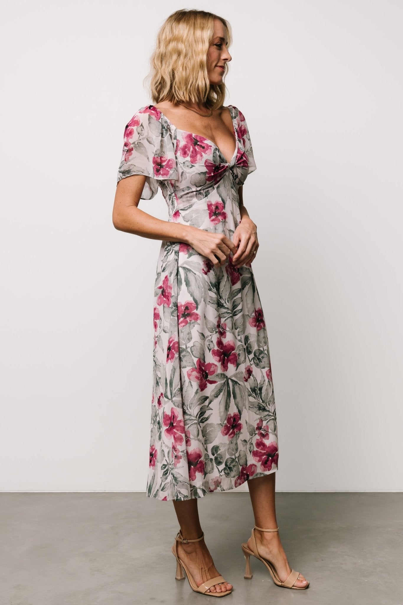 Floral Chiffon Midi Dress with Sweetheart Neckline | Baltic Born