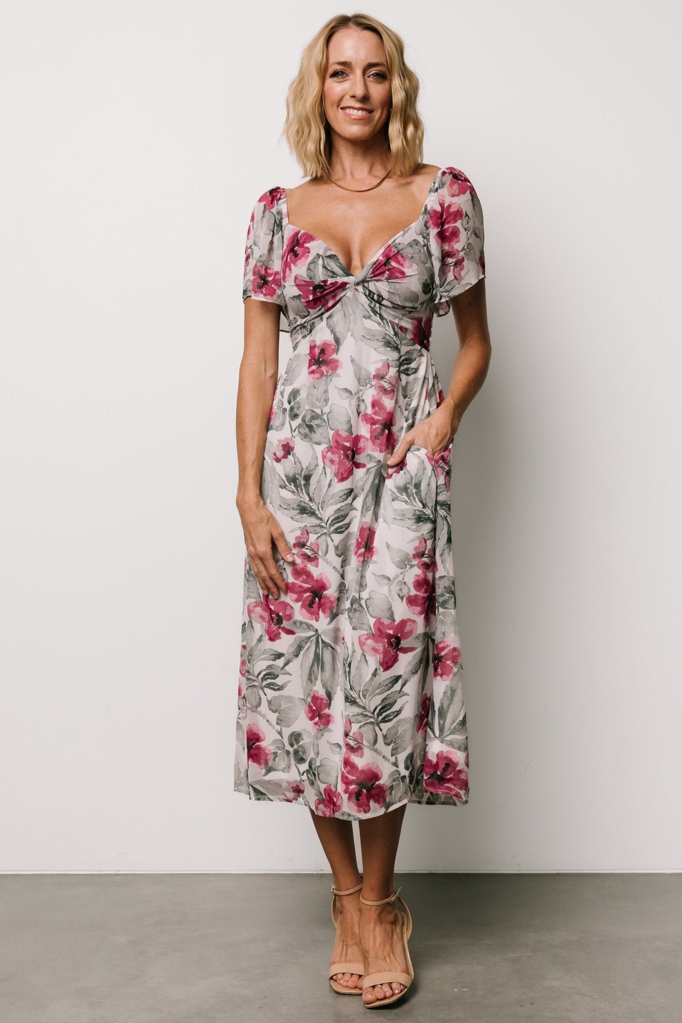 Floral Chiffon Midi Dress with Sweetheart Neckline | Baltic Born