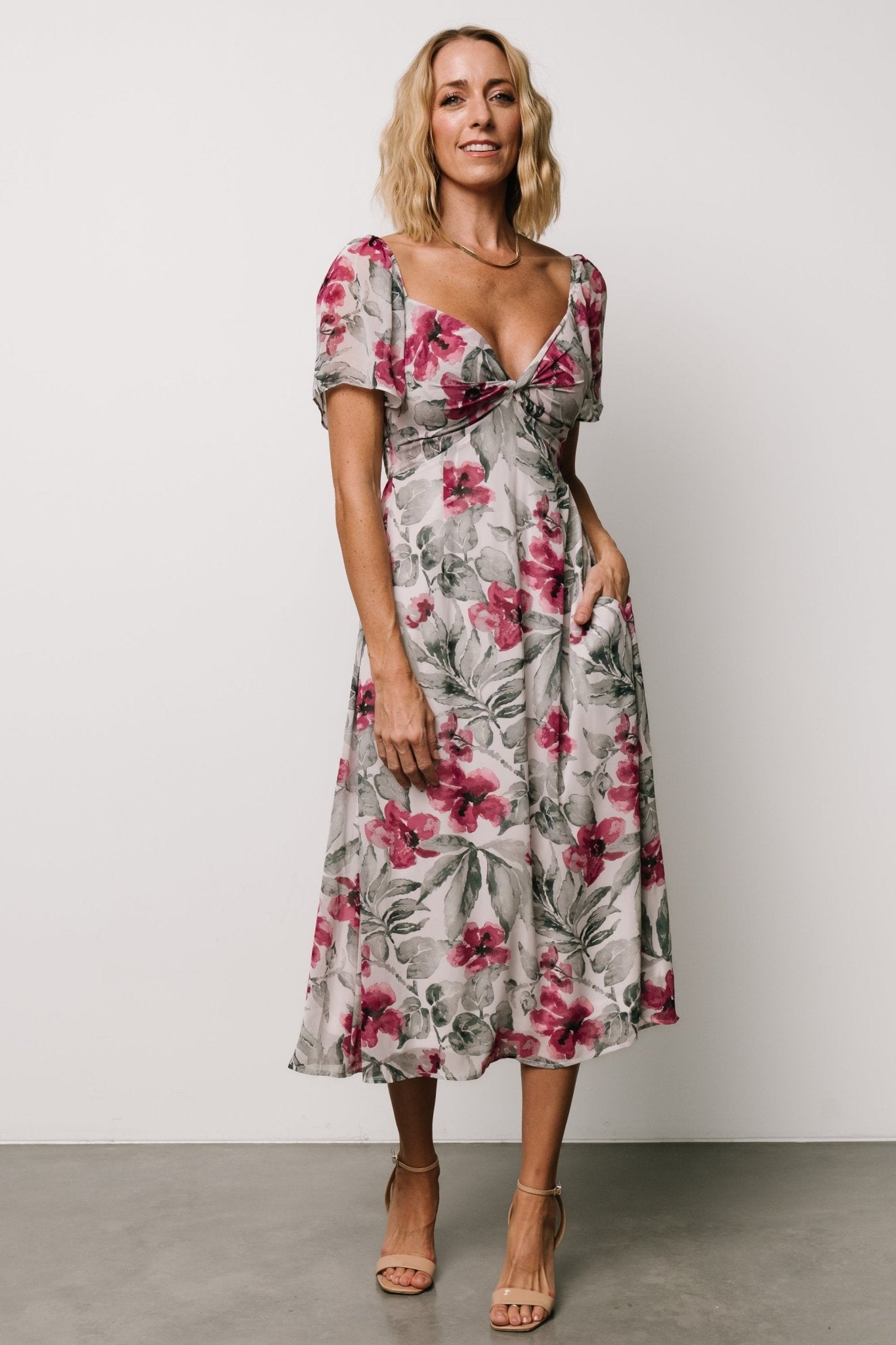 Floral Chiffon Midi Dress with Sweetheart Neckline | Baltic Born