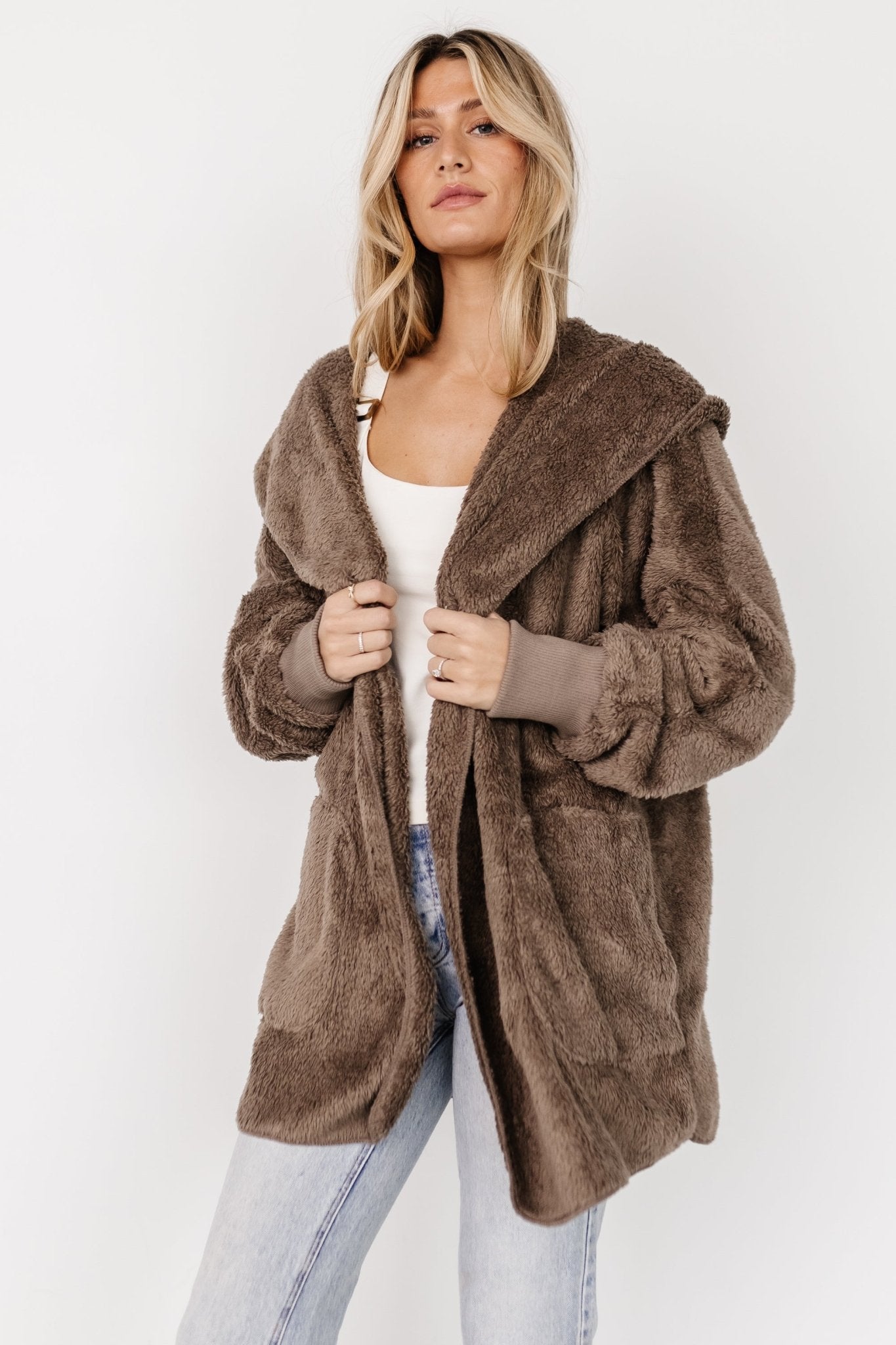 Brown Teddy Jacket with Hood & Pockets | Ultra-Soft Melrose Style