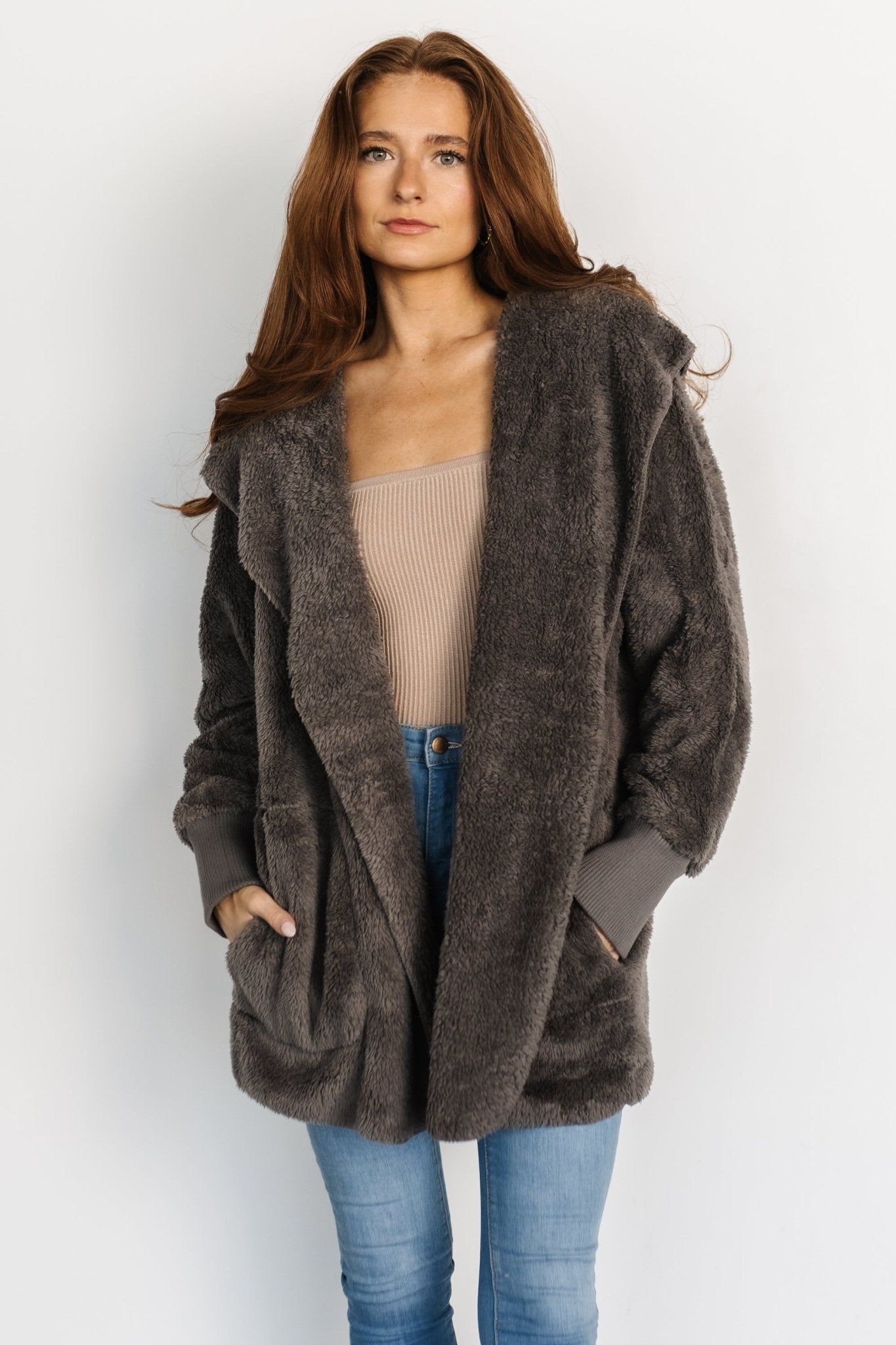 Dark Gray Teddy Jacket with Hood & Pockets | Ultra-Soft & Cozy