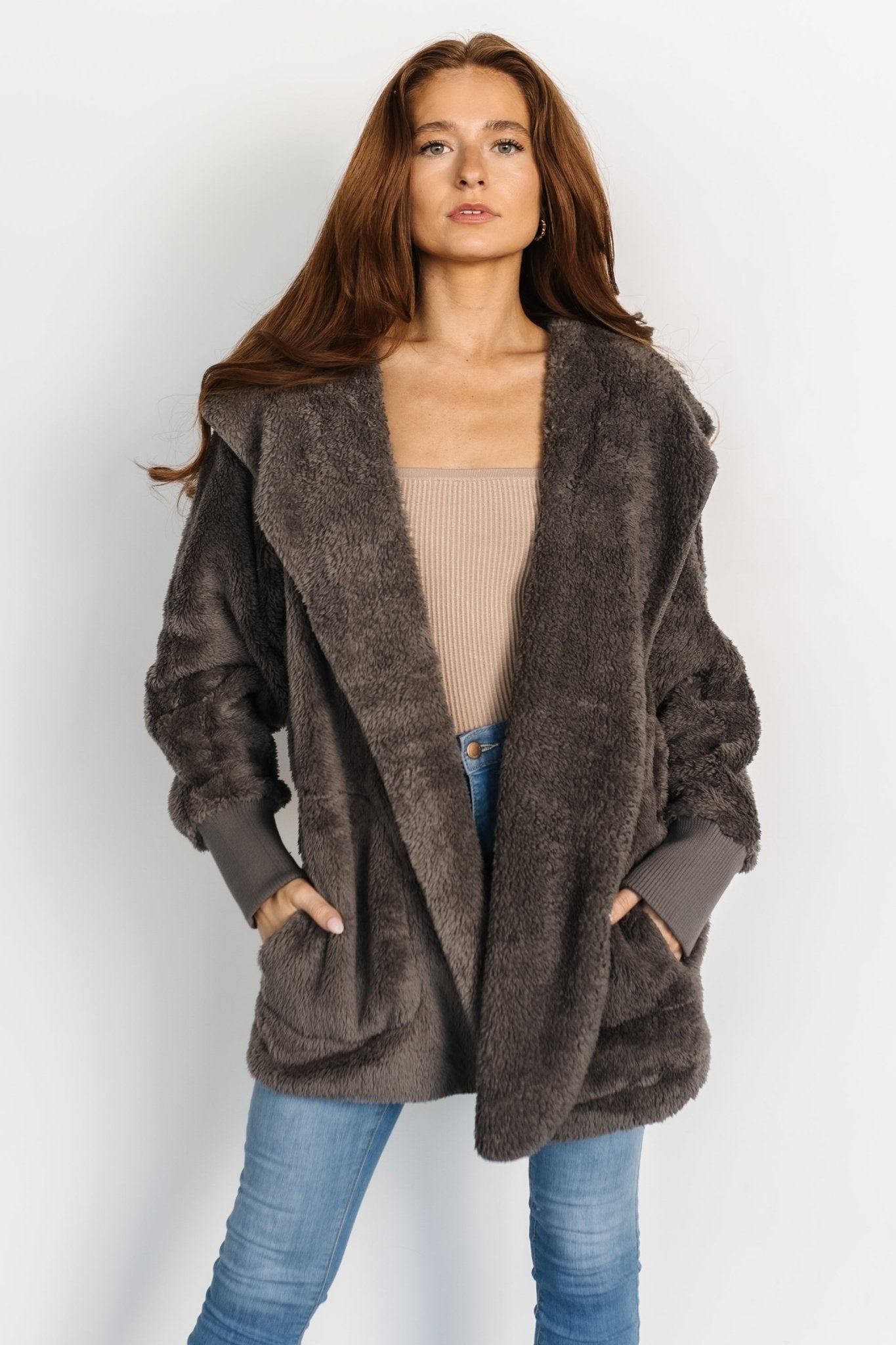 Dark Gray Teddy Jacket with Hood & Pockets | Ultra-Soft & Cozy