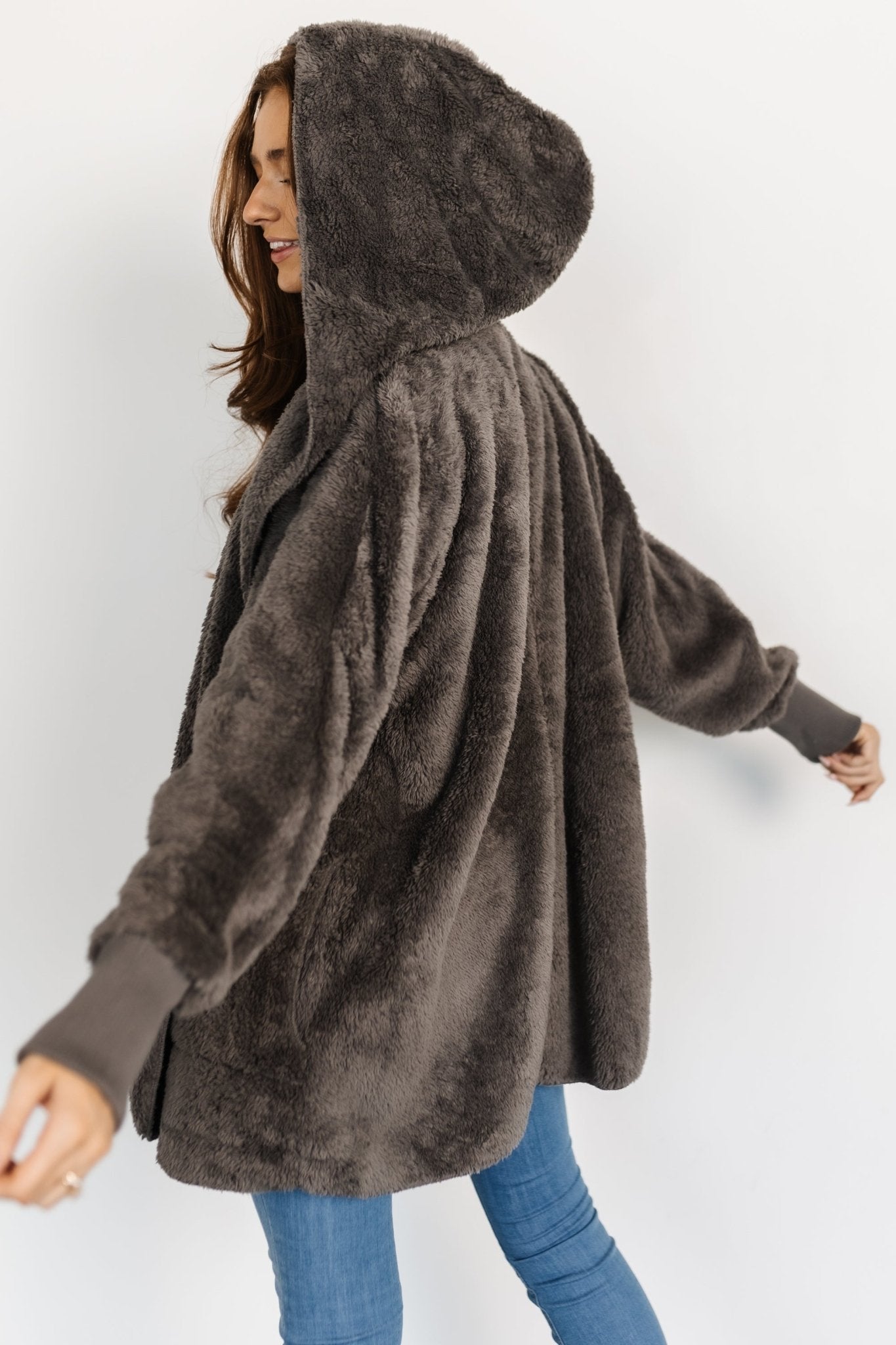 Dark Gray Teddy Jacket with Hood & Pockets | Ultra-Soft & Cozy