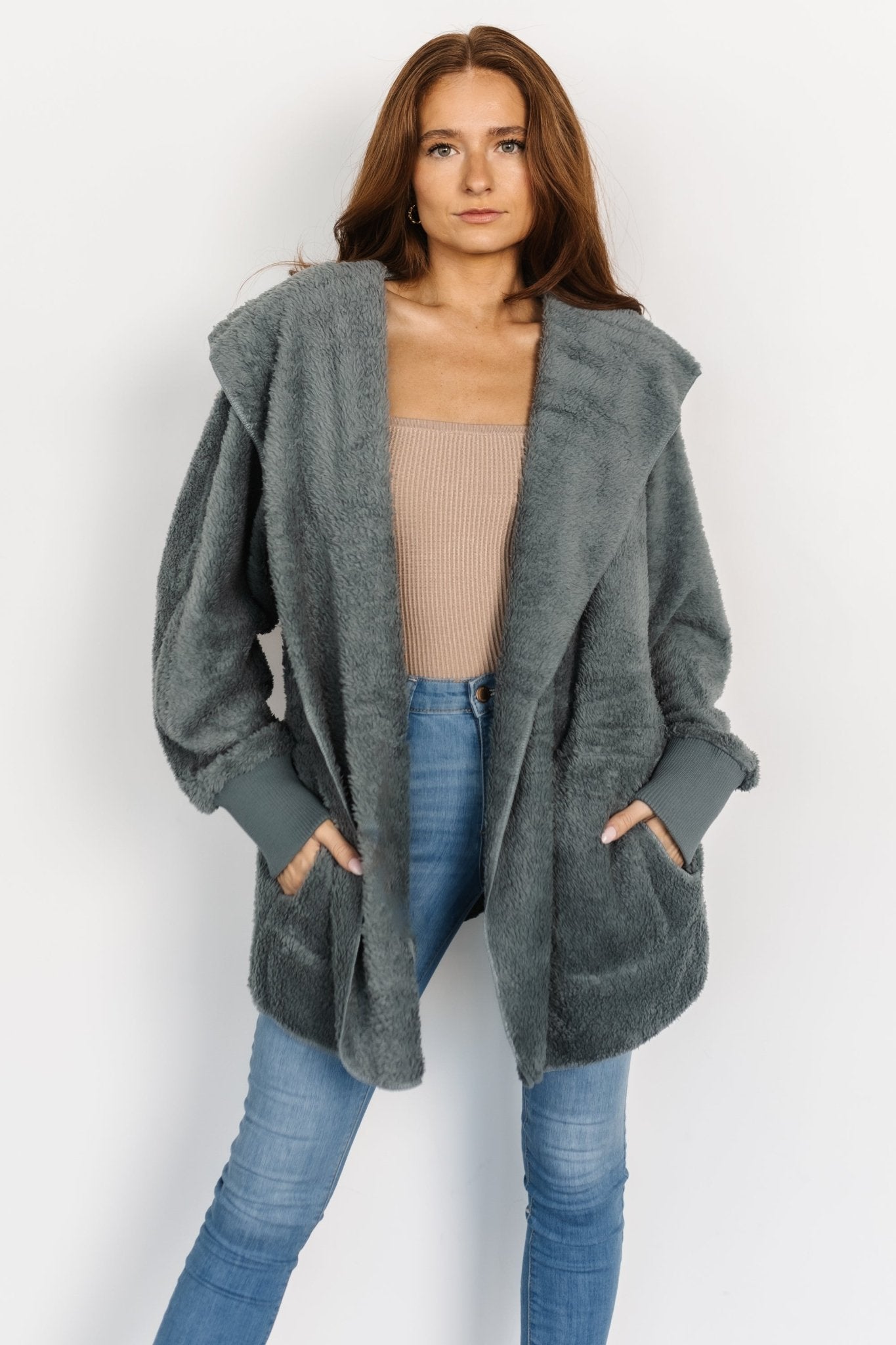 Soft Teddy Jacket with Hood & Pockets | Dusty Blue