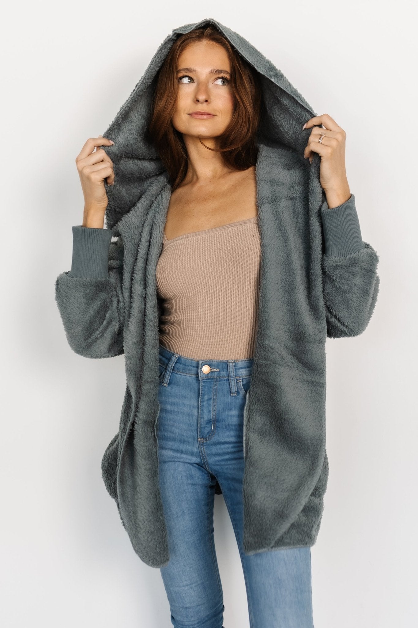 Soft Teddy Jacket with Hood & Pockets | Dusty Blue