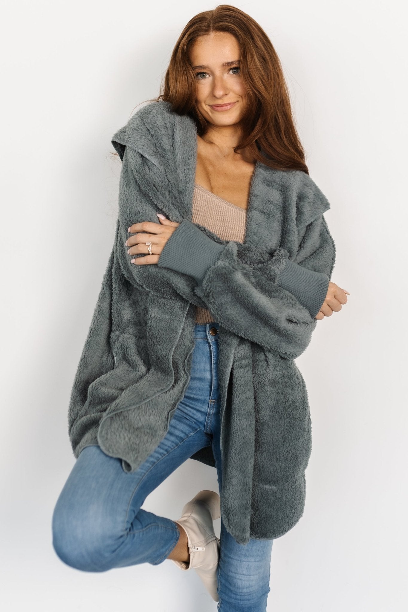Soft Teddy Jacket with Hood & Pockets | Dusty Blue