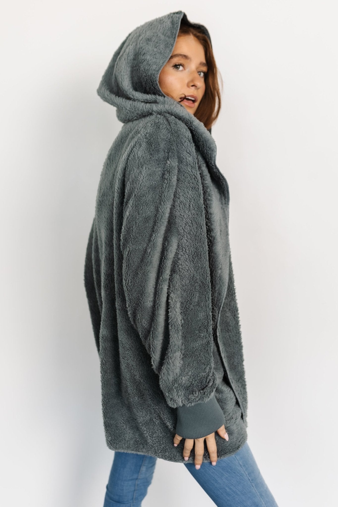 Soft Teddy Jacket with Hood & Pockets | Dusty Blue