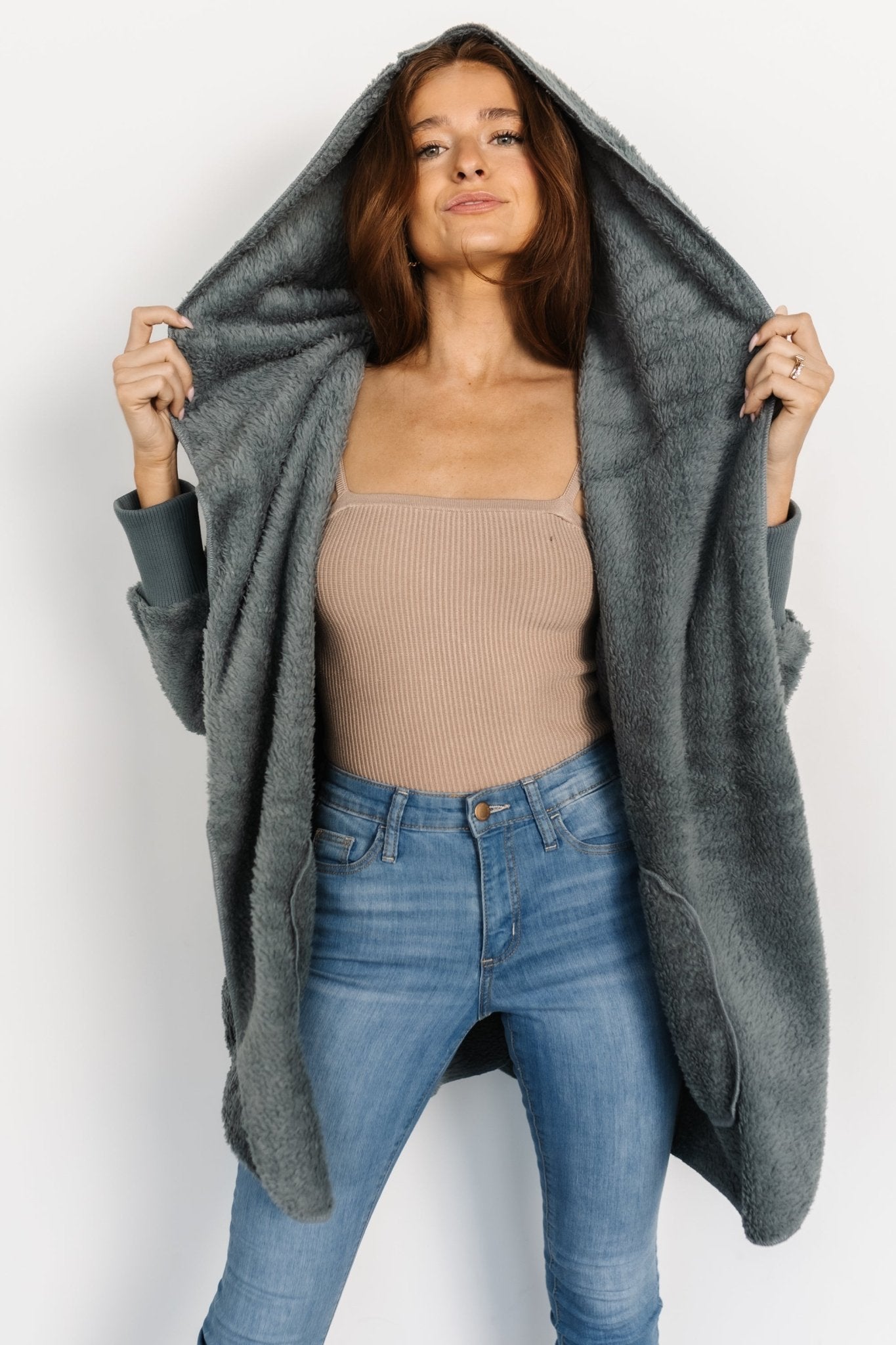 Soft Teddy Jacket with Hood & Pockets | Dusty Blue