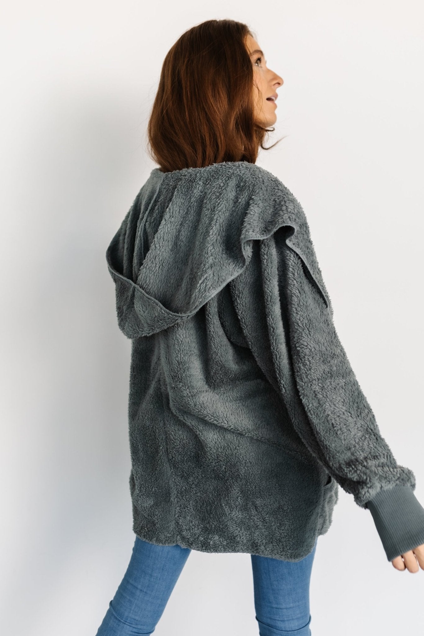 Soft Teddy Jacket with Hood & Pockets | Dusty Blue