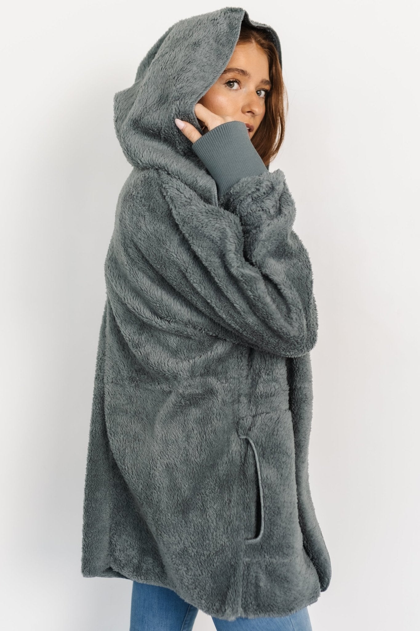 Soft Teddy Jacket with Hood & Pockets | Dusty Blue
