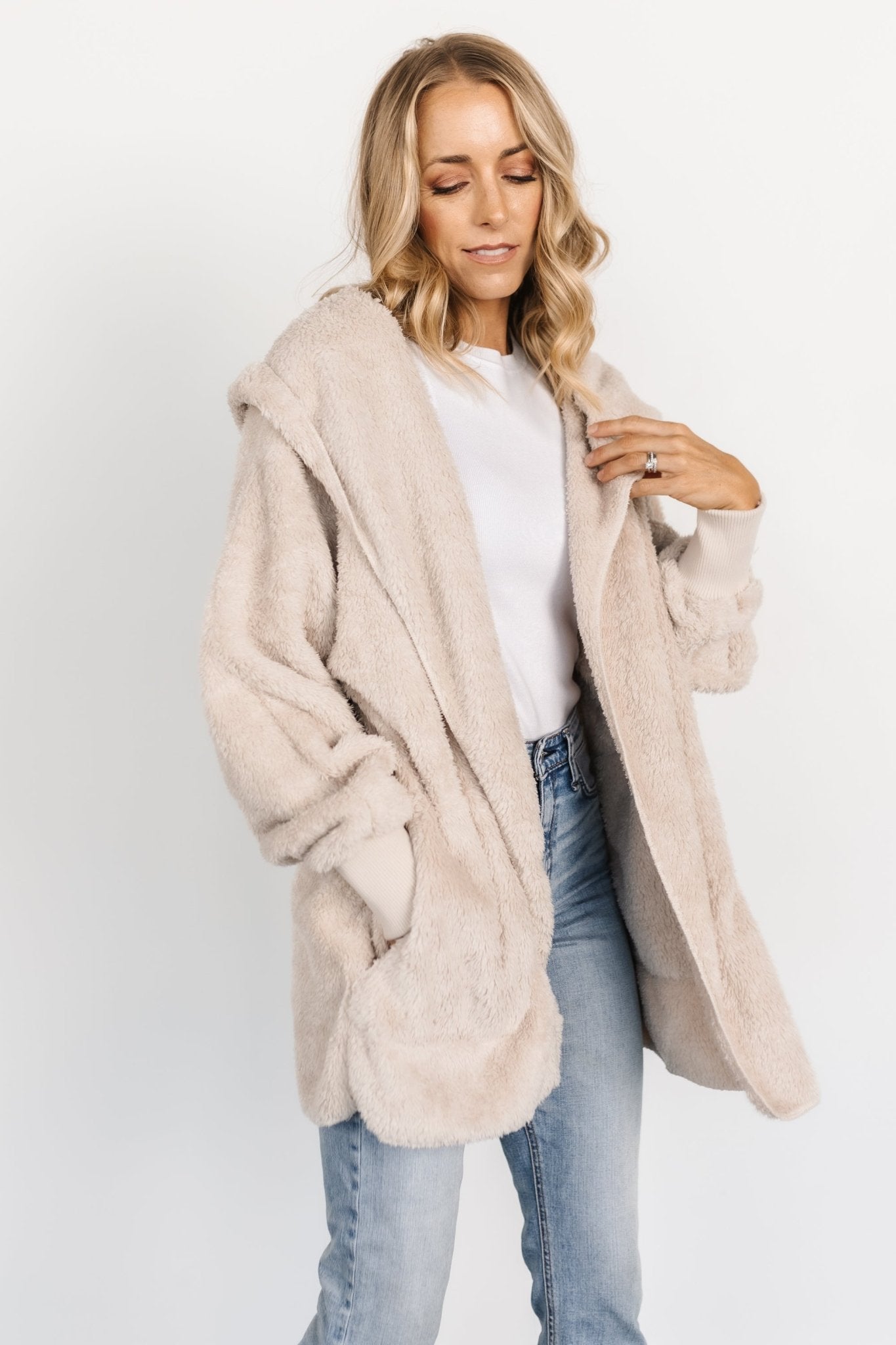 Oatmeal Teddy Jacket with Hood & Pockets | Ultra-Soft Open-Front Style