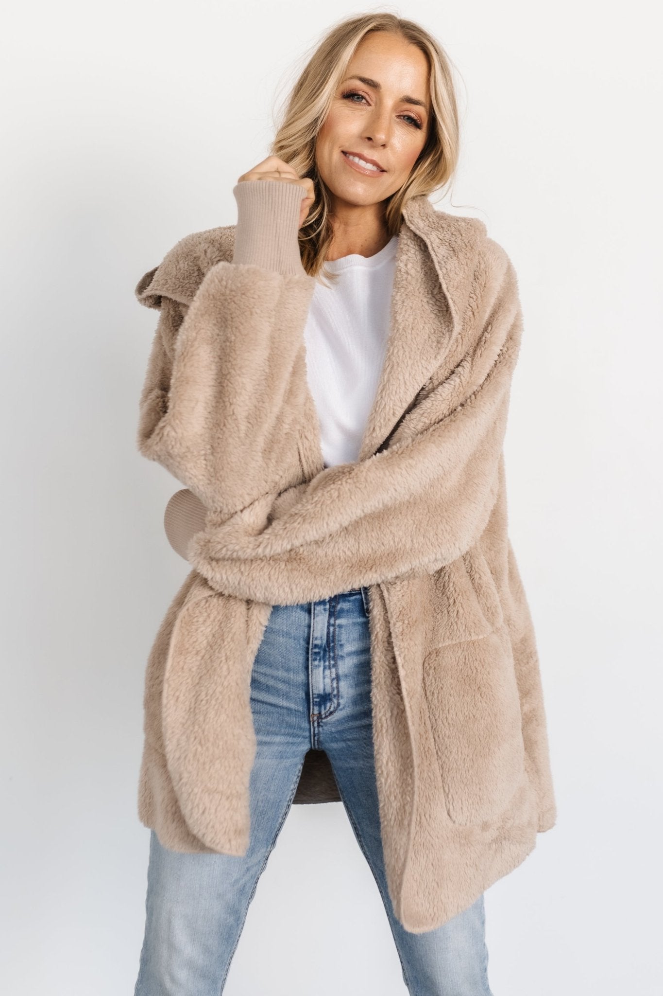 Soft Taupe Teddy Jacket with Hood & Pockets | Melrose