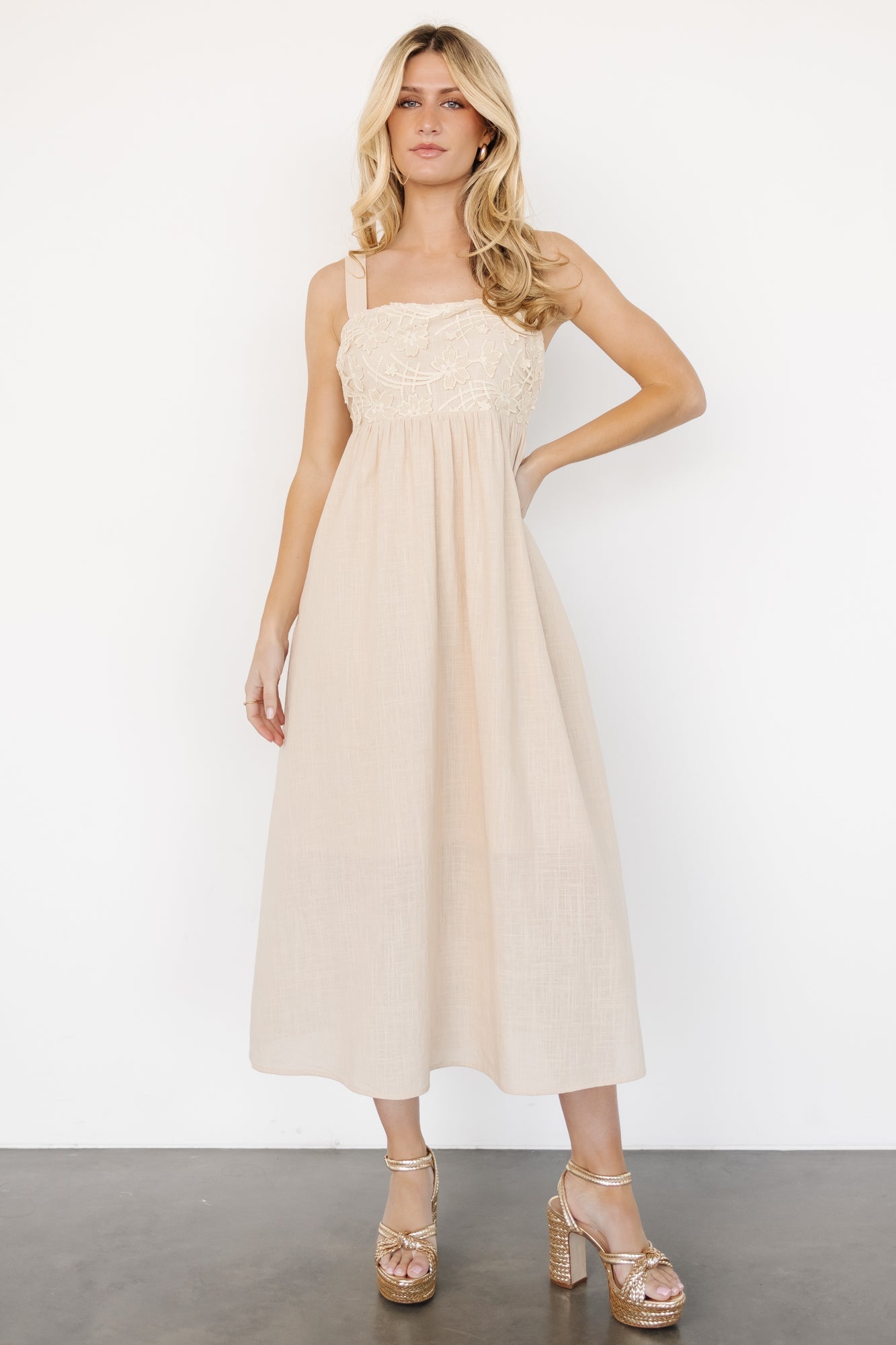 Natural Cotton Tie Back Dress with Floral Embroidery | Baltic Born