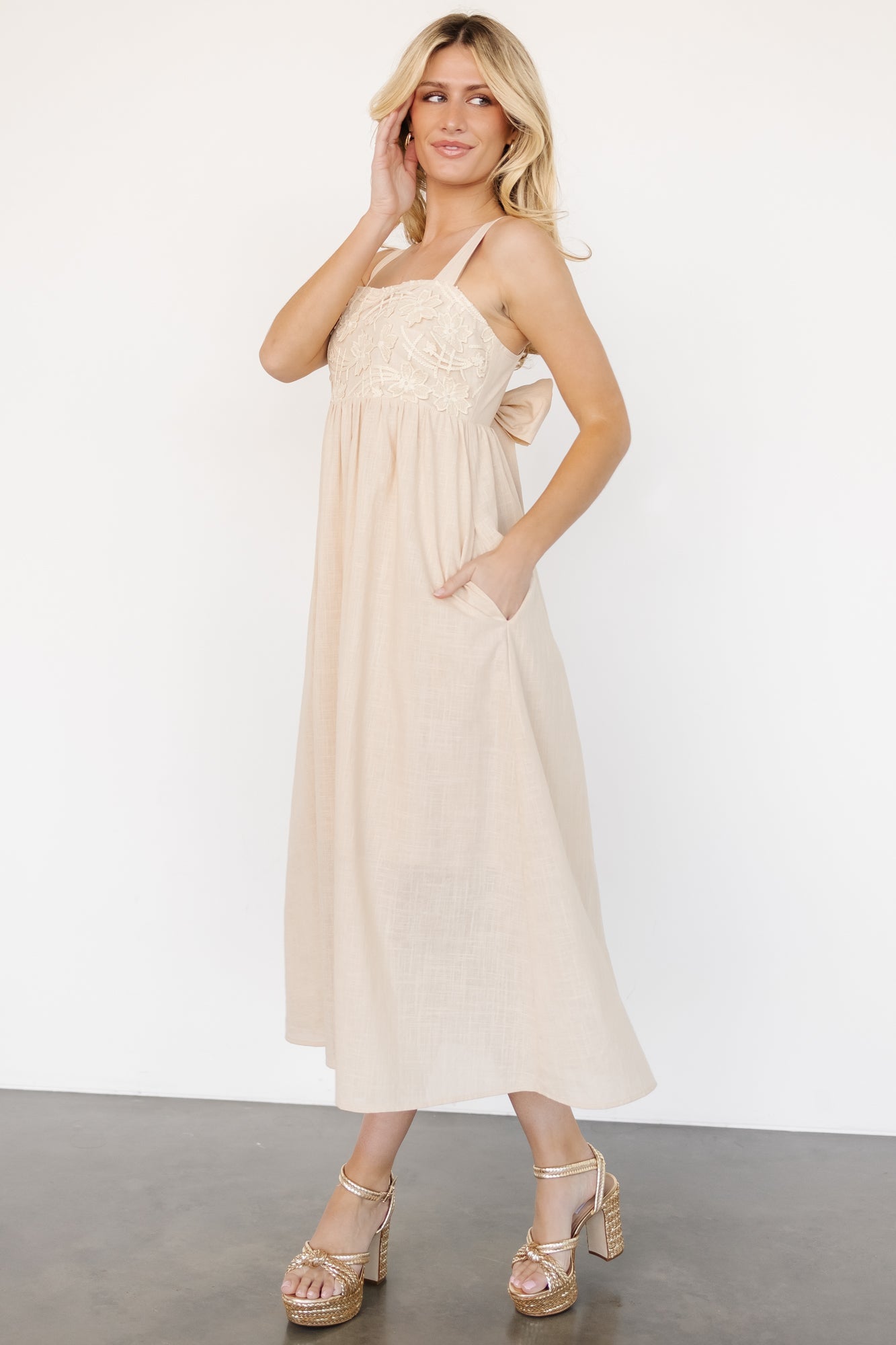 Natural Cotton Tie Back Dress with Floral Embroidery | Baltic Born