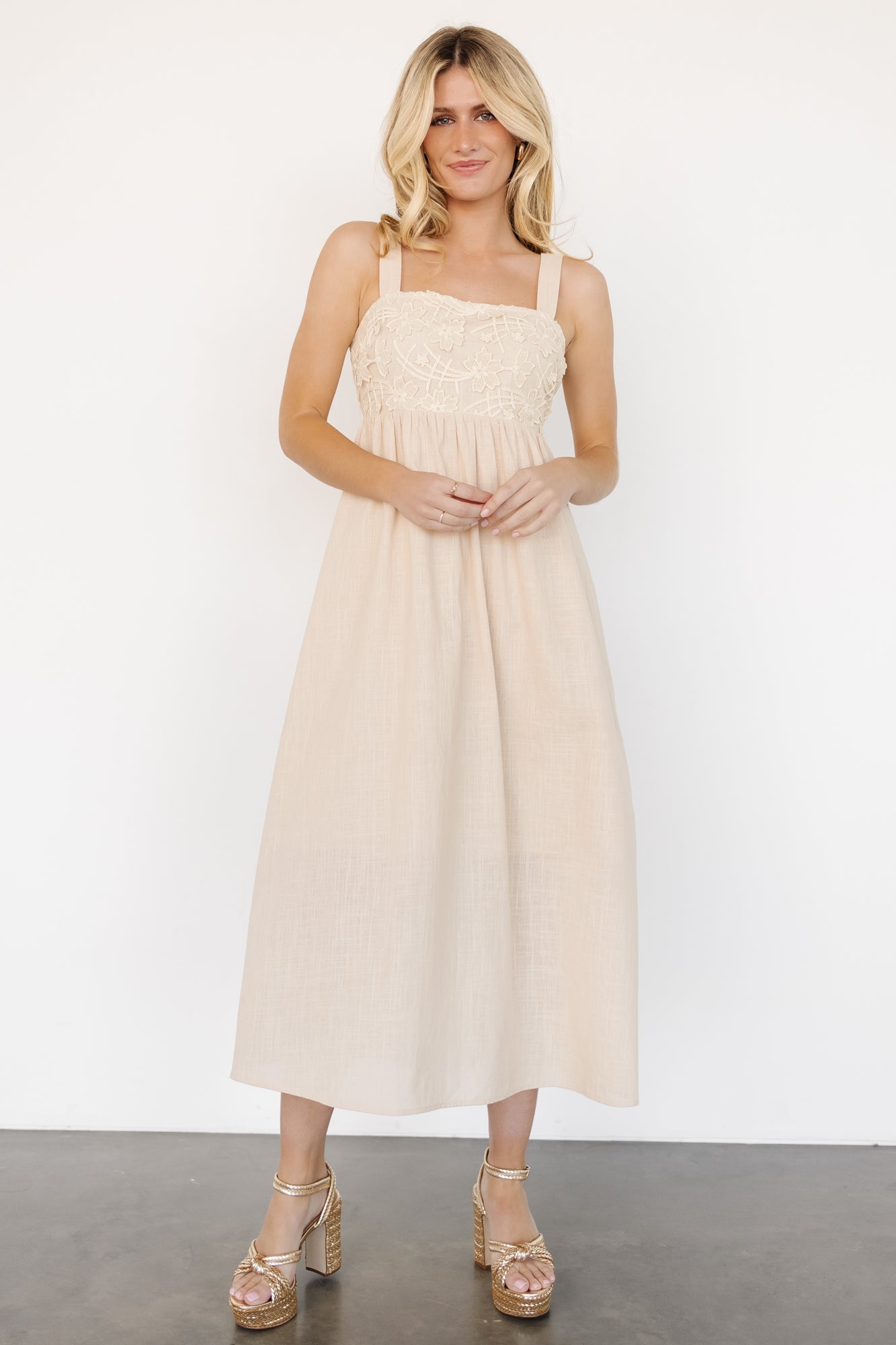Natural Cotton Tie Back Dress with Floral Embroidery | Baltic Born