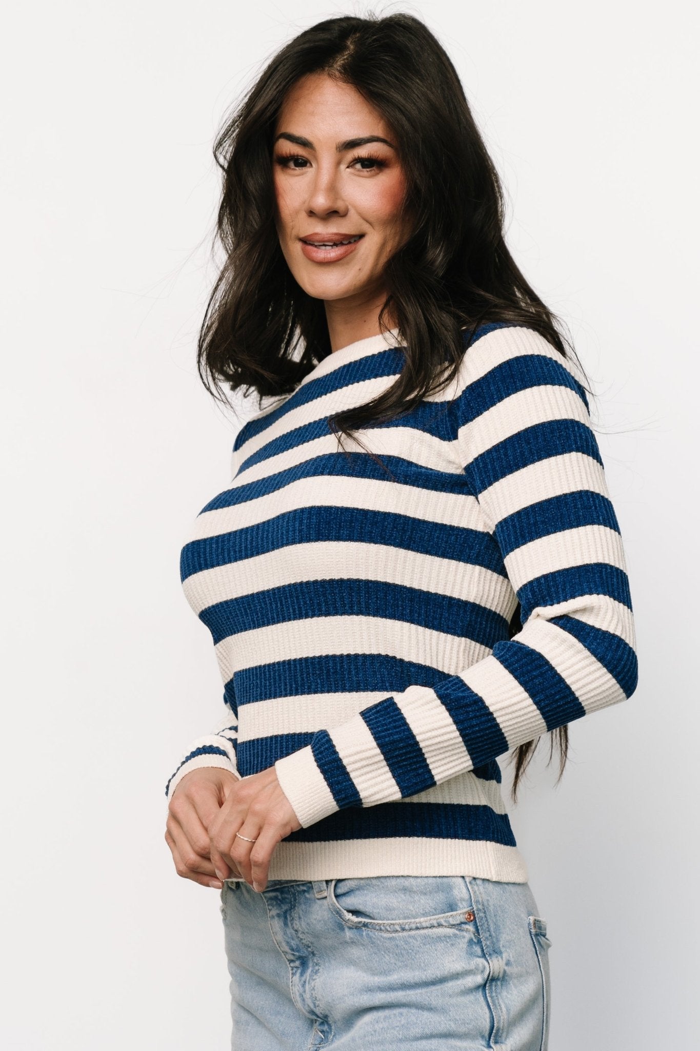 Blue & Ivory Striped Velvet Knit Sweater for Women | Milwaukee