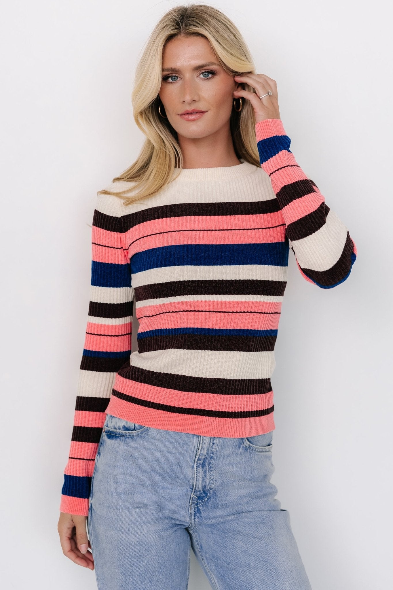 Soft Velvet Knit Striped Sweater for Women | Coral Multi