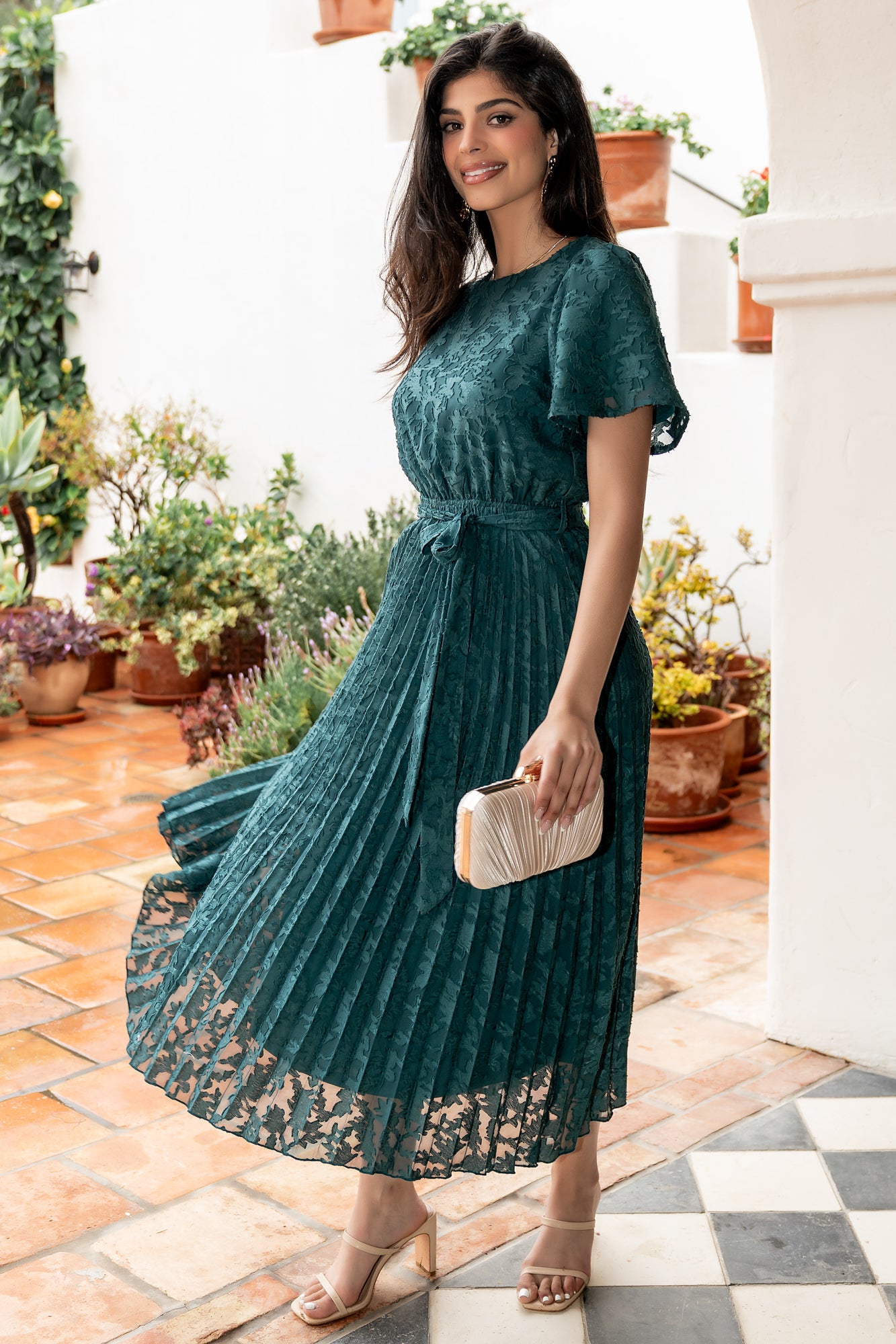 Emerald Green Pleated Maxi Dress with Flutter Sleeves | Mindy
