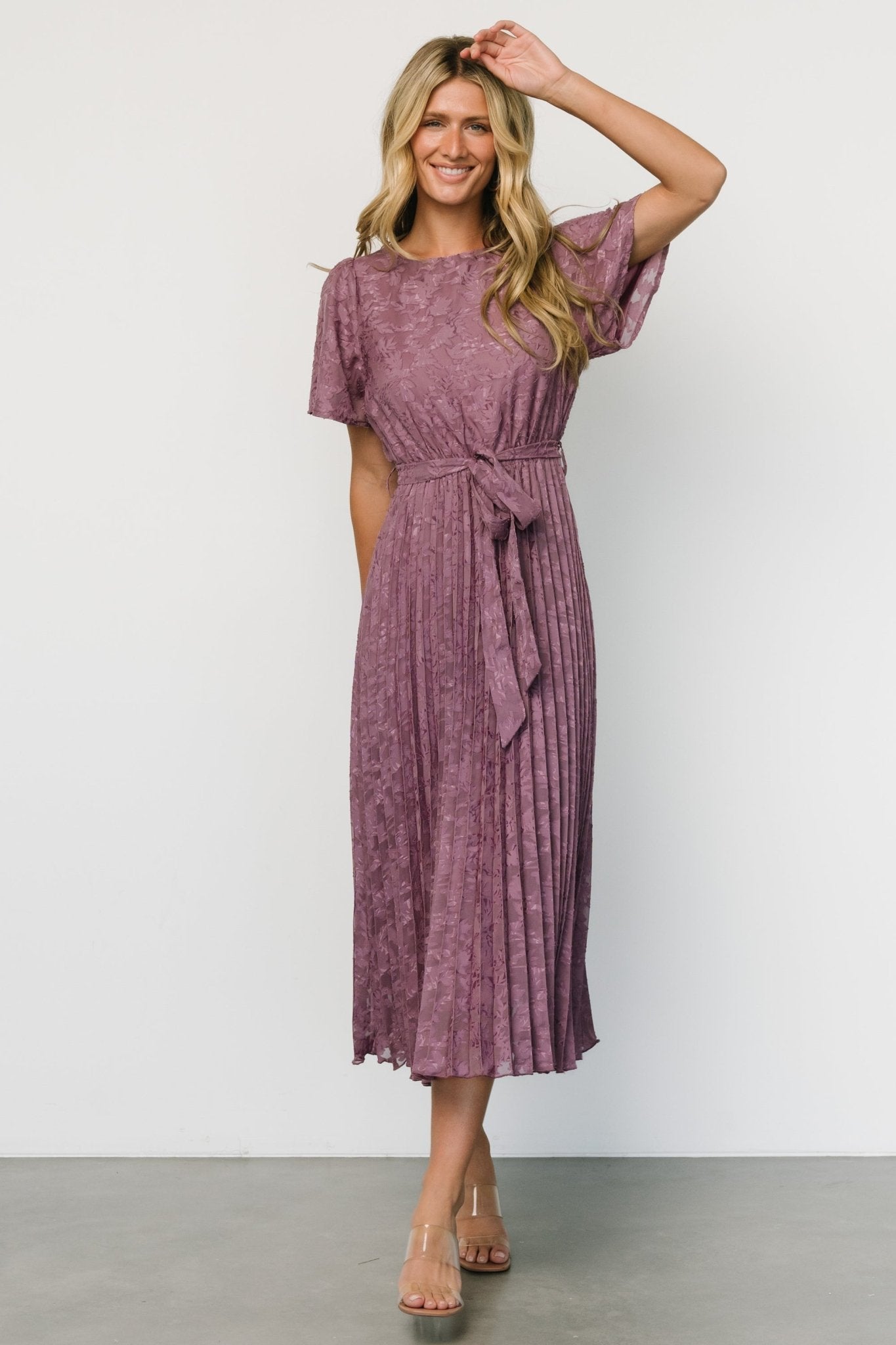 Vintage Plum Pleated Maxi Dress with Flutter Sleeves | Baltic Born