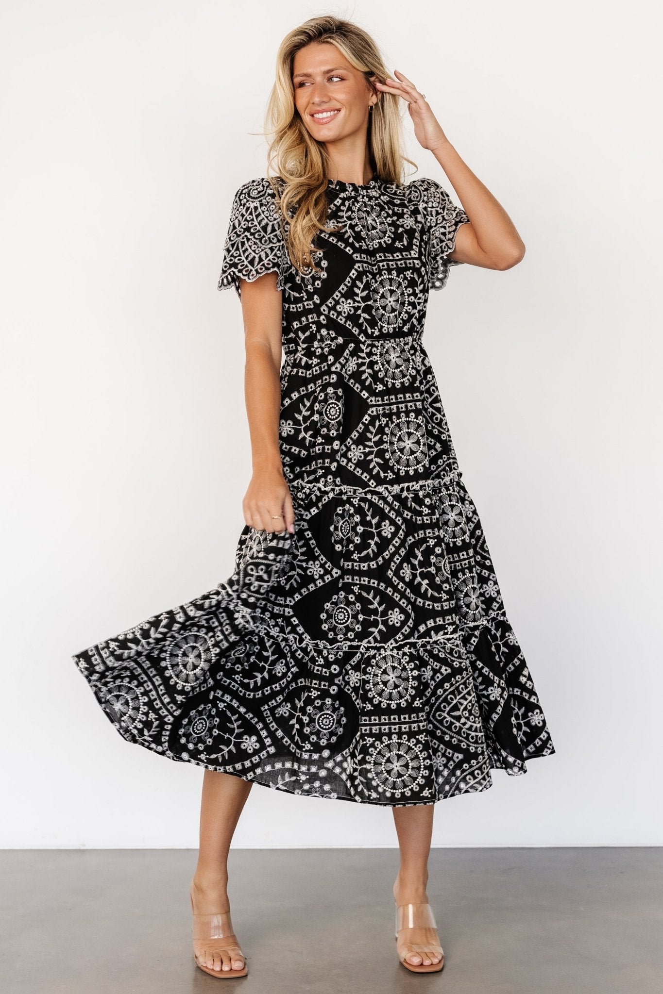 Embroidered Cotton Midi Dress with Ruffles & Pockets | Mirabel