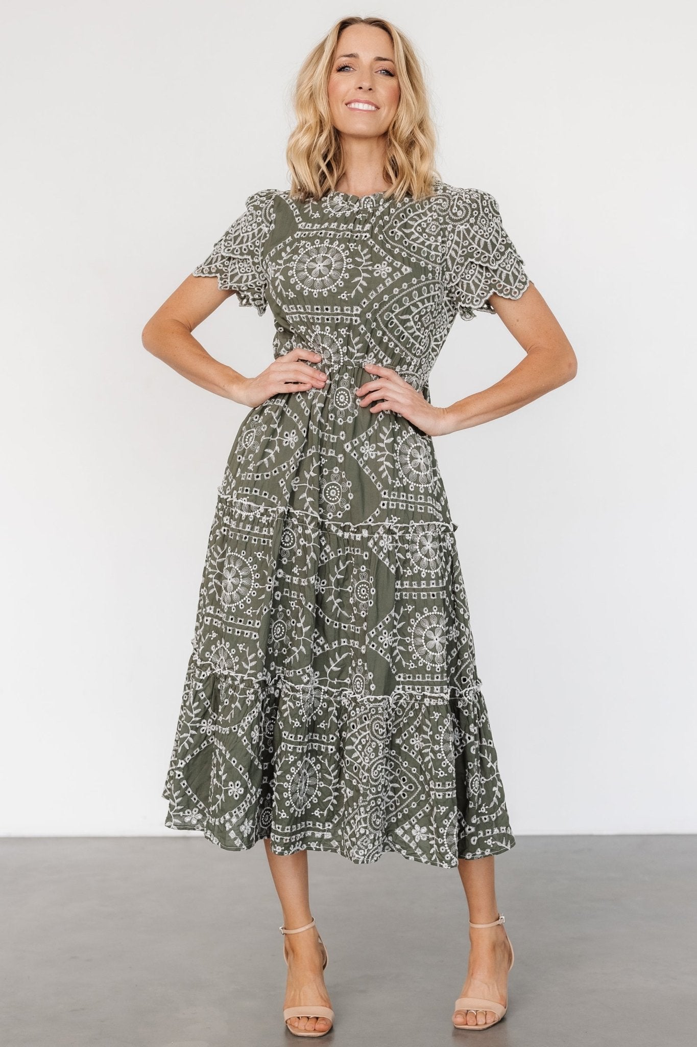 Olive Green Eyelet Midi Dress with Ruffles & Pockets | Mirabel