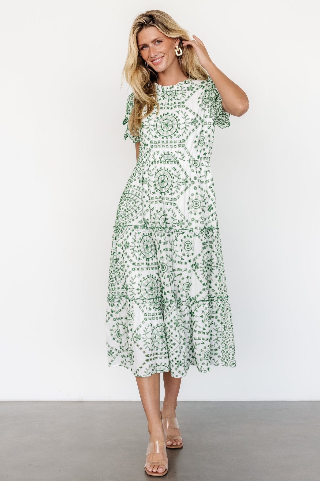 White & Green Embroidered Cotton Midi Dress | Mirabel Eyelet
