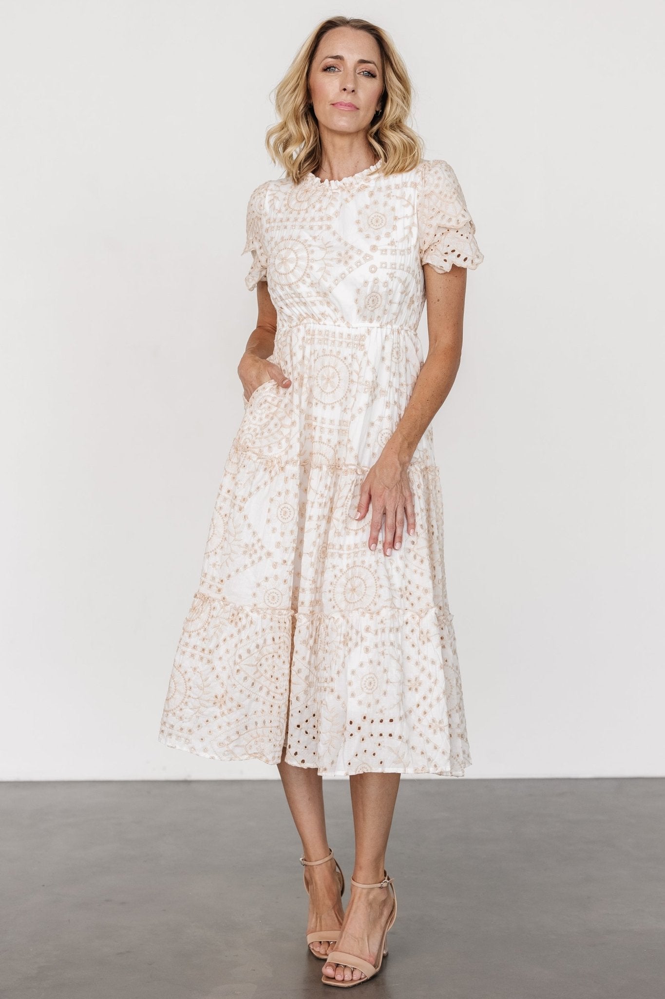White Eyelet Midi Dress with Ruffles & Pockets | Baltic Born