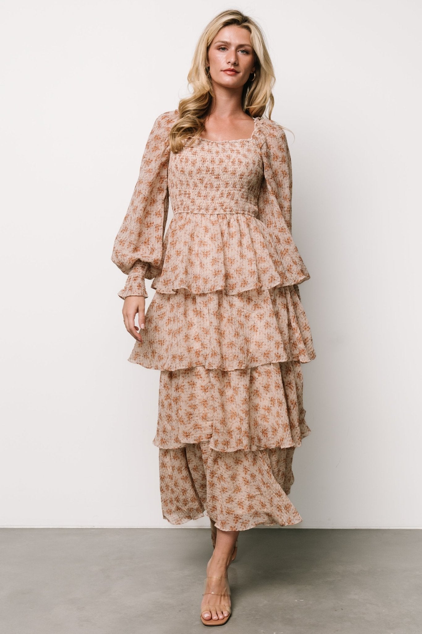 Tiered Maxi Dress with Smocked Bodice & Long Sleeves | Miranda Floral