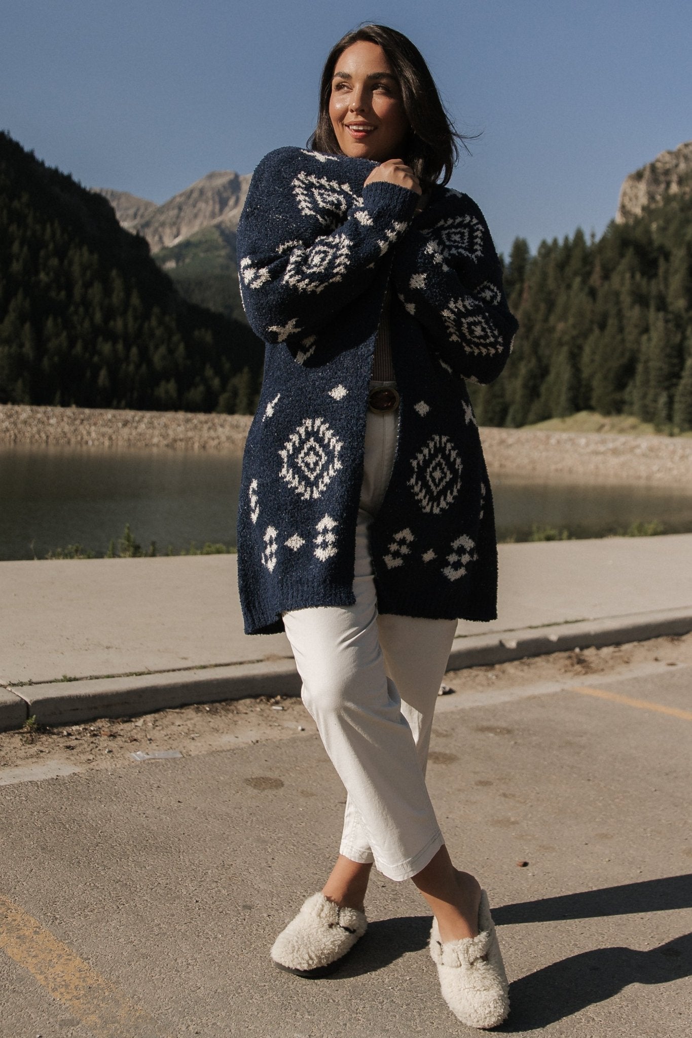 Oversized Fuzzy Knit Cardigan for Women | Navy & Ivory | Baltic Born